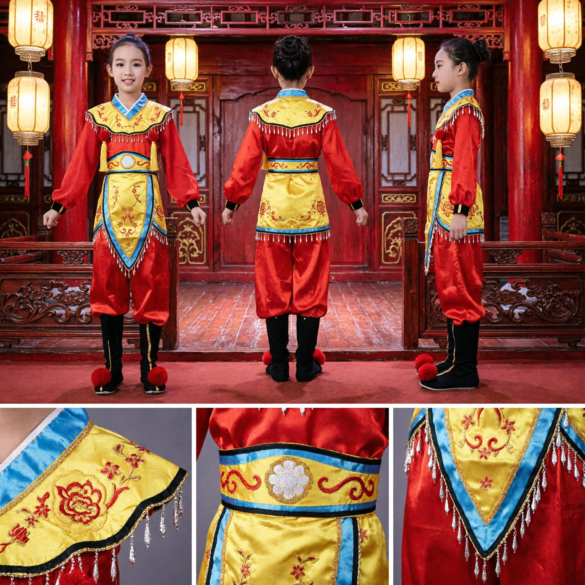 Costume de danse folklorique chinois traditionnel pour enfants filles - Tenue de spectacle scénique rouge et jaune de minorité ethnique - Asian Costume