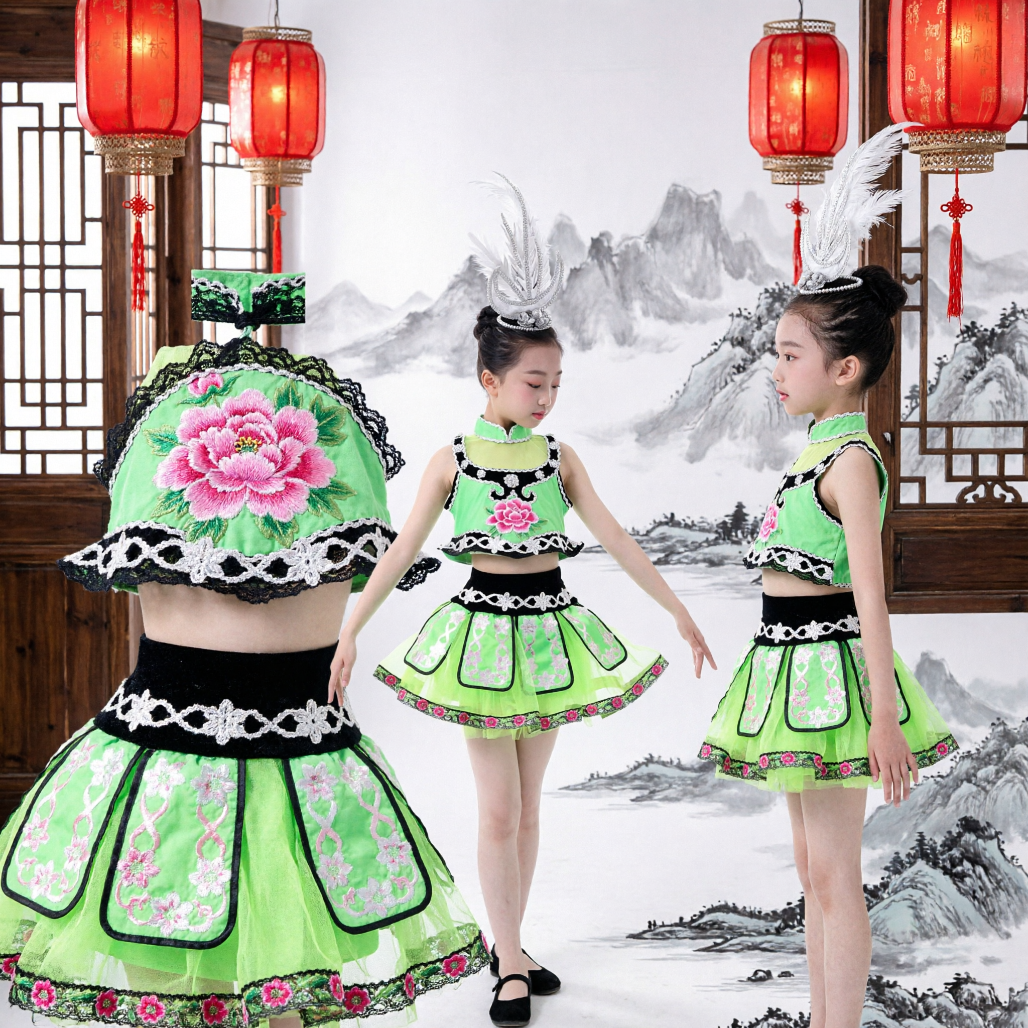 Traditioneel Chinese Danskostuum voor Meisjes Groene Lotus Volksjurk Podiumoptreden Outfit Kinderen - Asian Costume