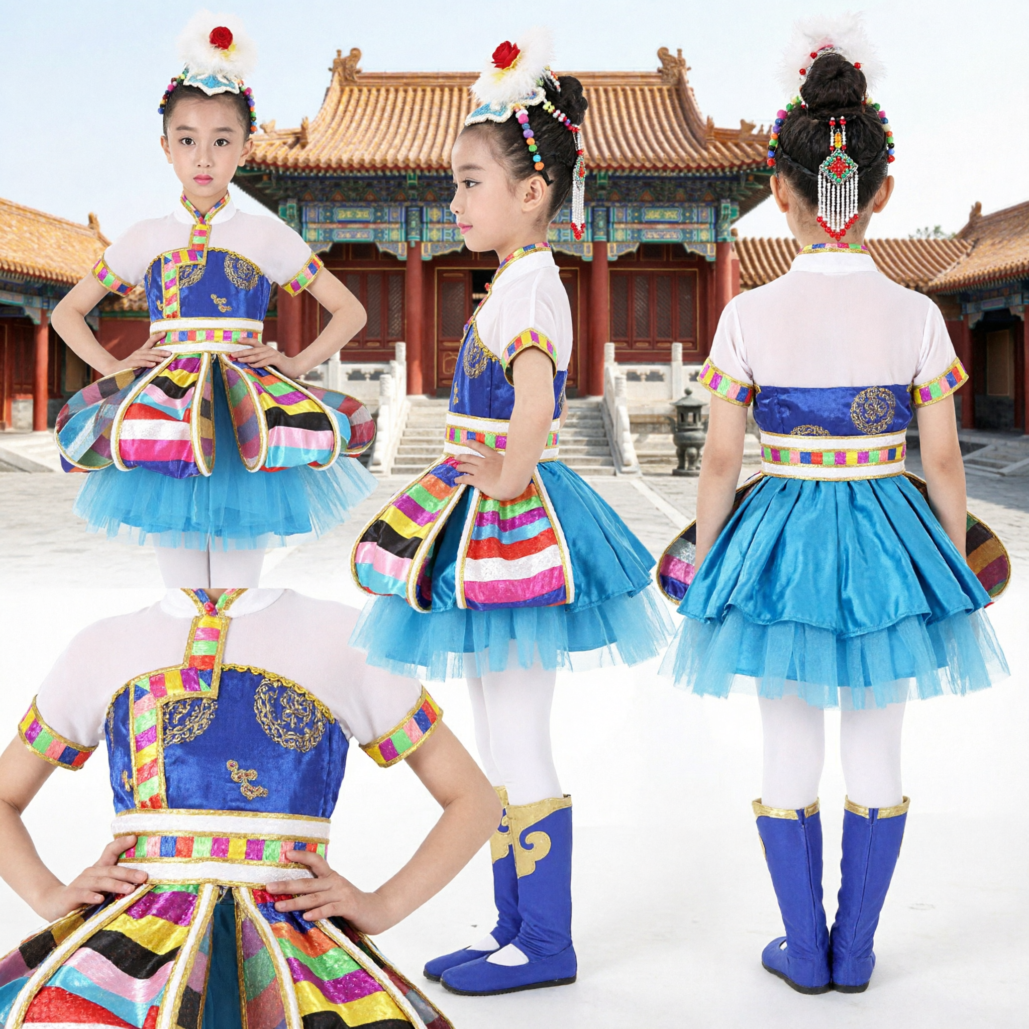 Kinder tibetisches Volkstanzkostüm Traditionelles Bühnenaufführungs Kleid für Mädchen Buntes ethnisches Minderheiten-Outfit - Asian Costume