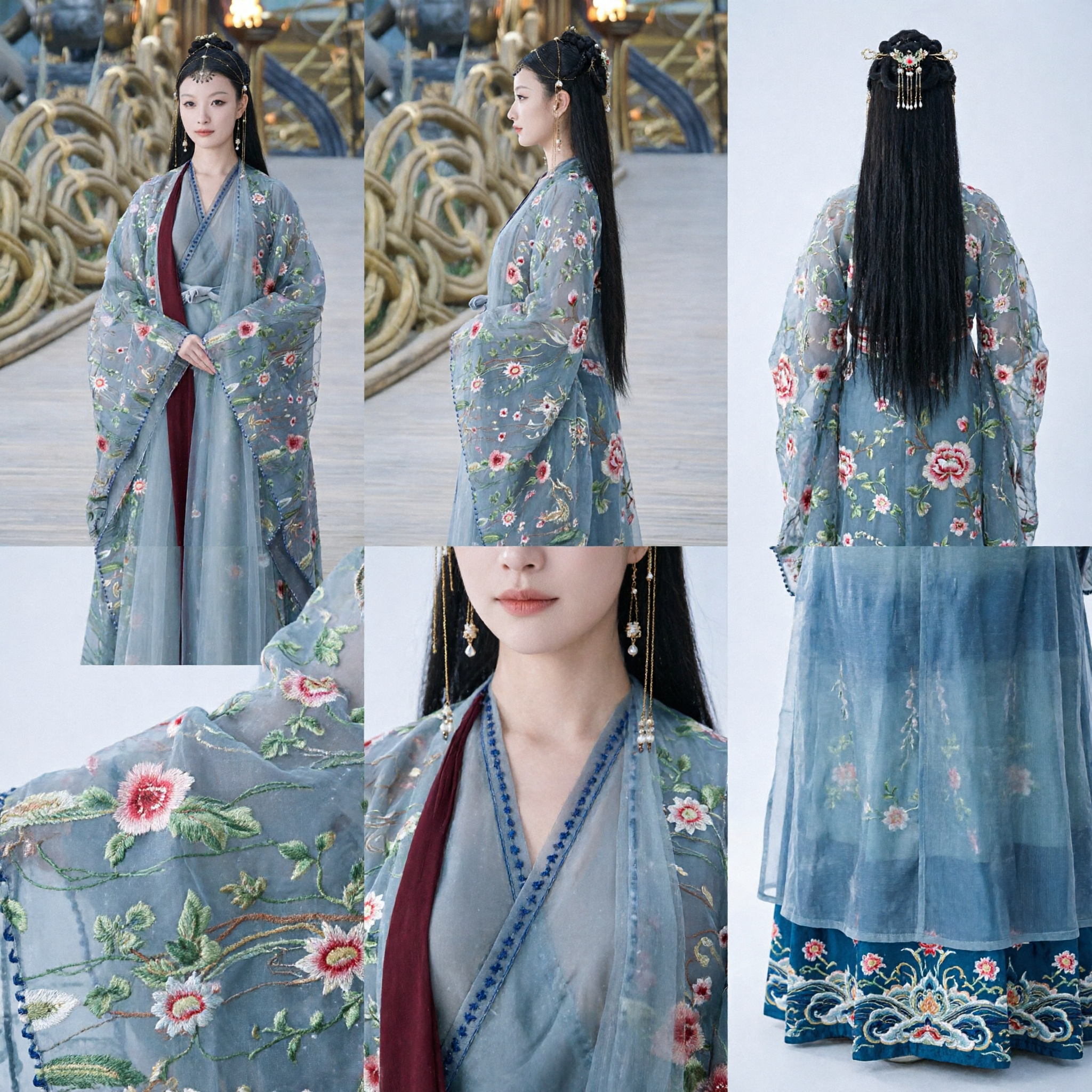 Costume Hanfu Antico Cinese per Donne Veste Blu con Ricami Floreali e Trama Trasparente per Drammi Storici - Asian Costume