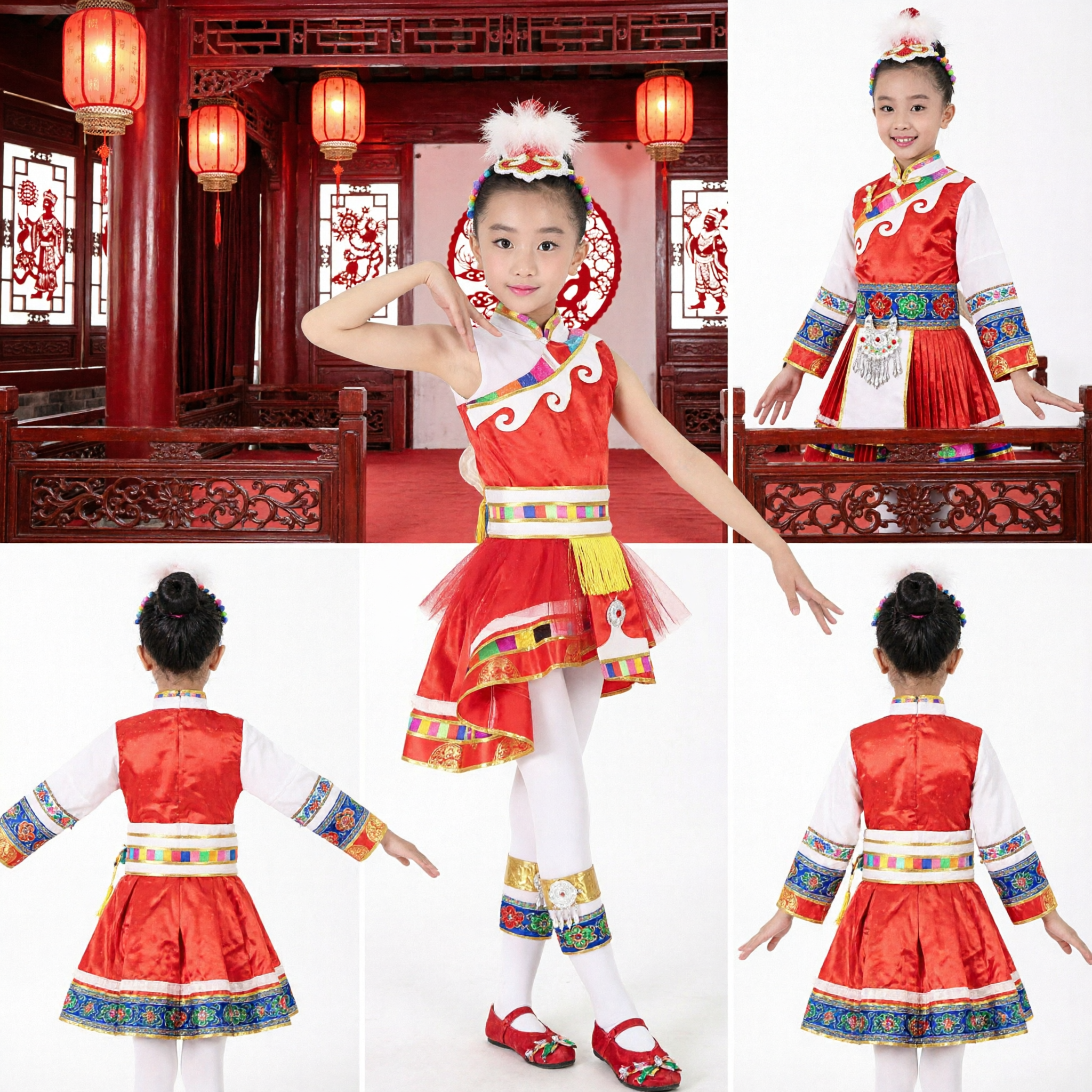 Costume de danse chinoise traditionnelle pour filles, robe folklorique ethnique rouge, tenue de spectacle sur scène pour enfants - Asian Costume