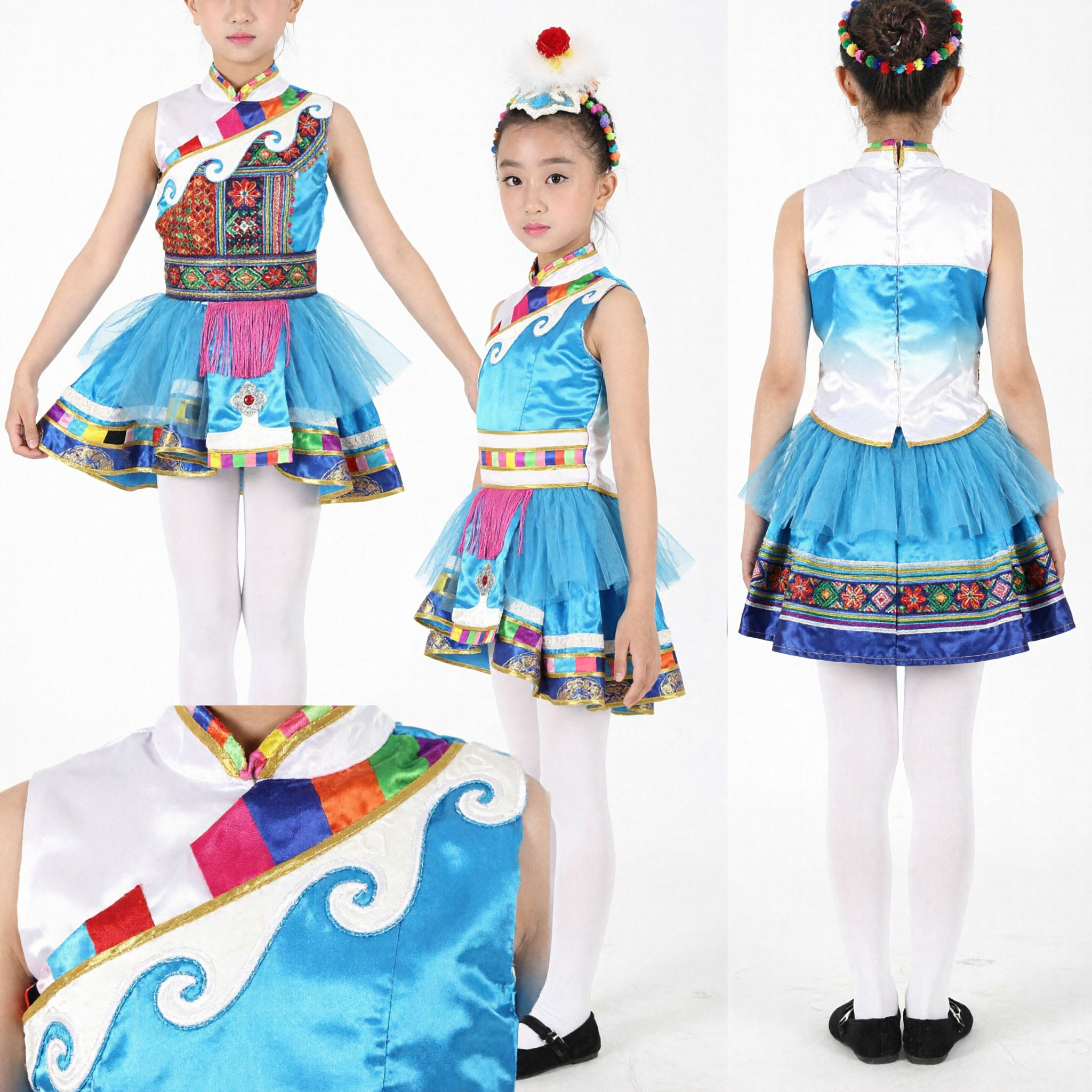 Kinder Mädchen Chinesisches Tibetisches Ethnisches Tanzkostüm Blaues Traditionelles Bühnenaufführungskleid für Kinder - Asian Costume