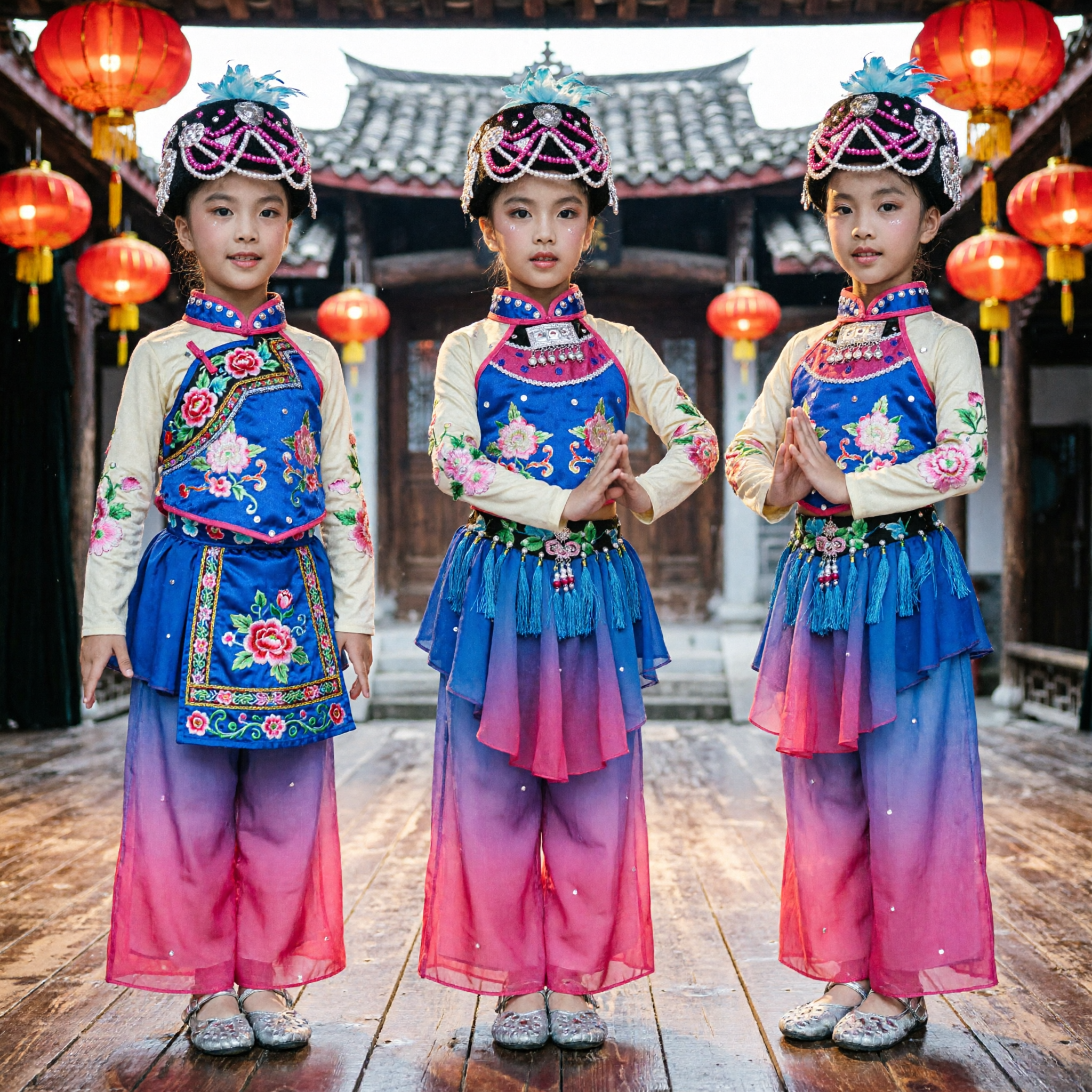 Traje Tradicional de Danza Étnica China para Niñas, Conjunto para Presentaciones Escénicas con Bordado Colorido de la Minoría Miao - Asian Costume