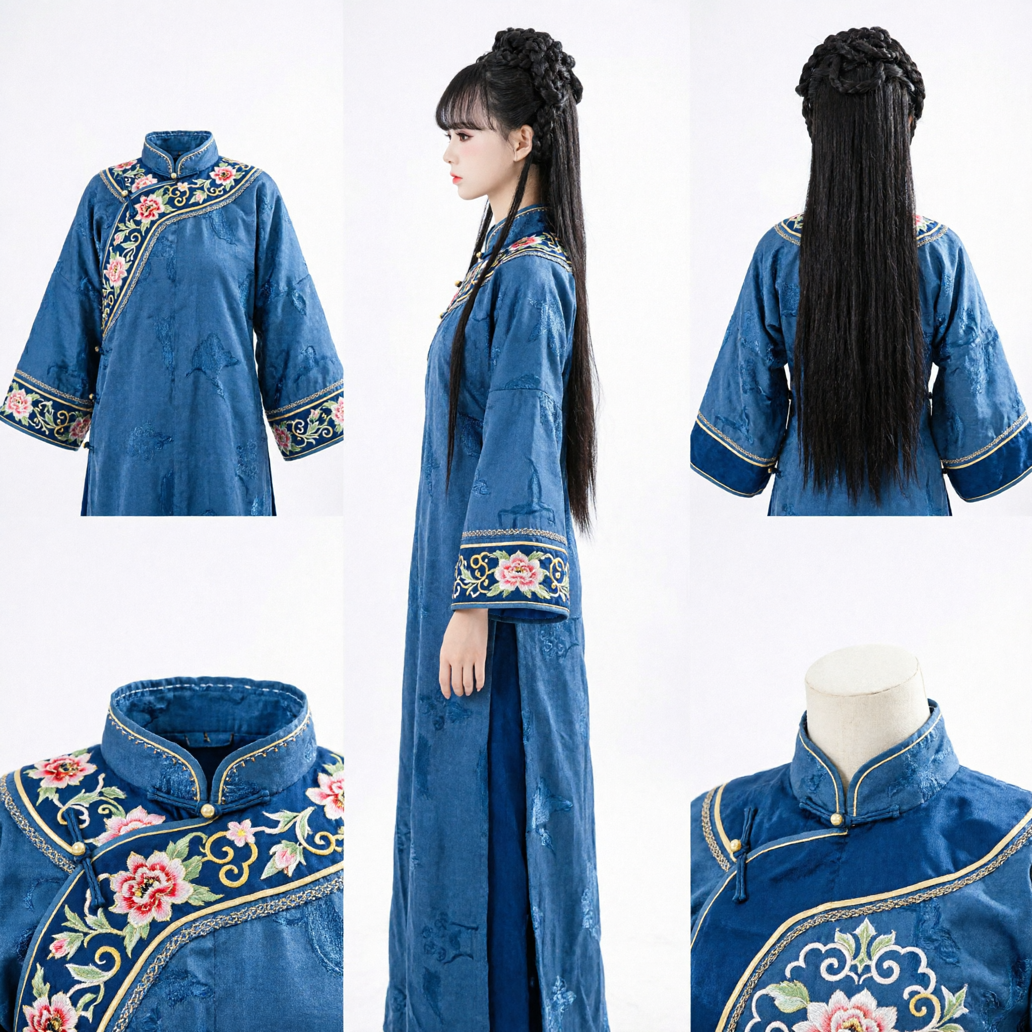 باروكة الأميرة الصينية القديمة، قطعة شعر طويلة مستقيمة سوداء مضفرة مع تاج لتقمص الهانفو والزي التقليدي - Asian Costume