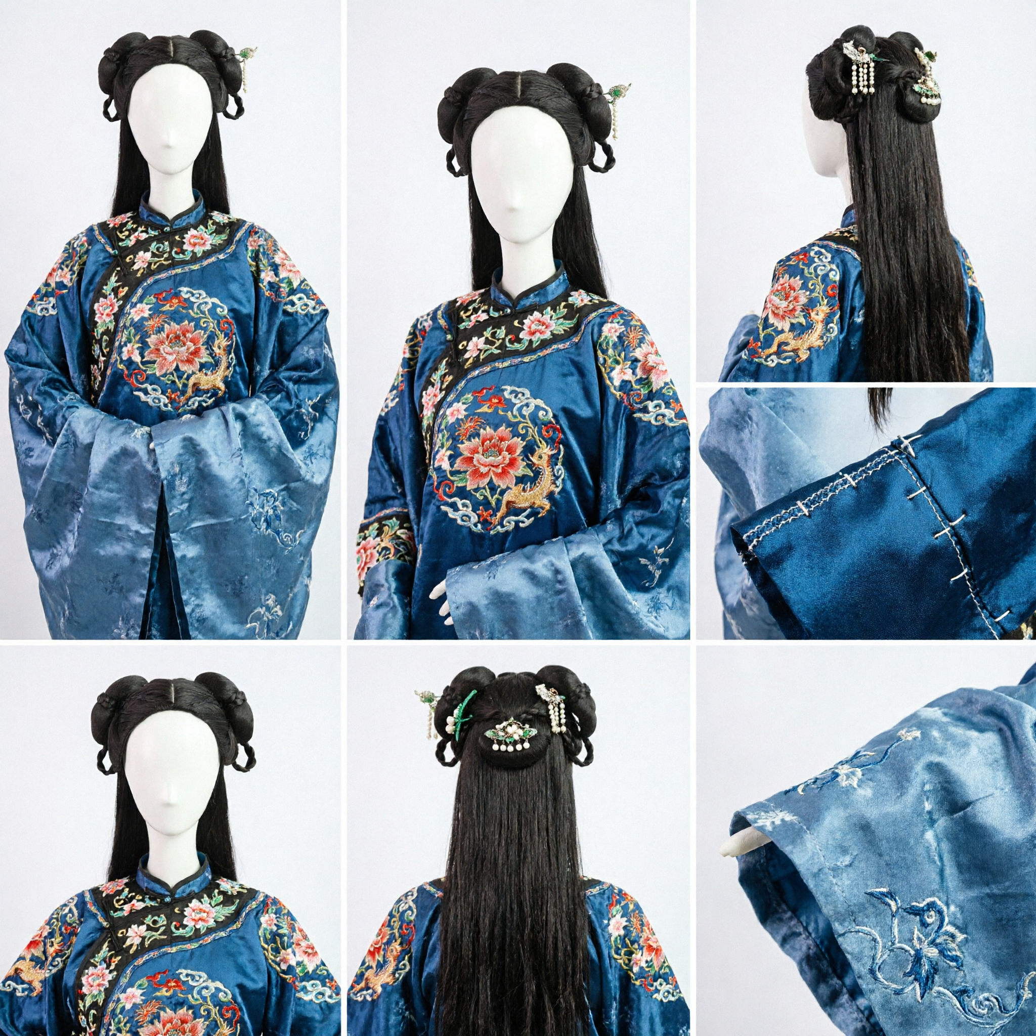 여성용 한푸 코스플레이 의상 액세서리 고대 중국 공주 검은 더블 번 땋은 가발 - Asian Costume