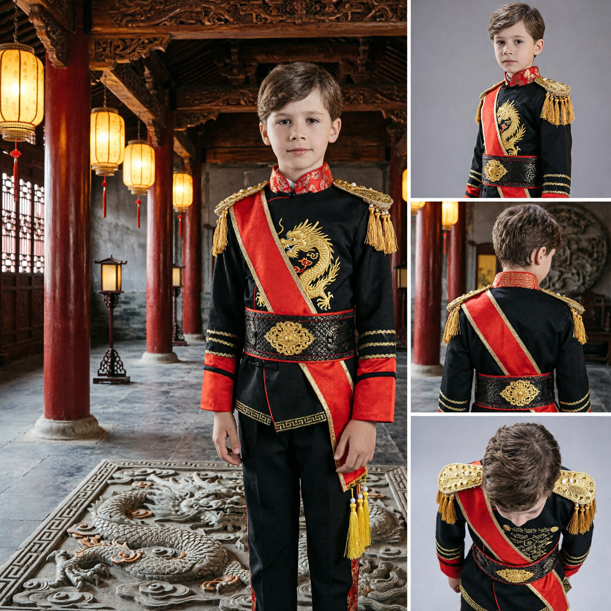 Kids Boys Military Prince Costume Red Black Gold Embroidery Stage Performance Suit for Formal Events - Asian Costume