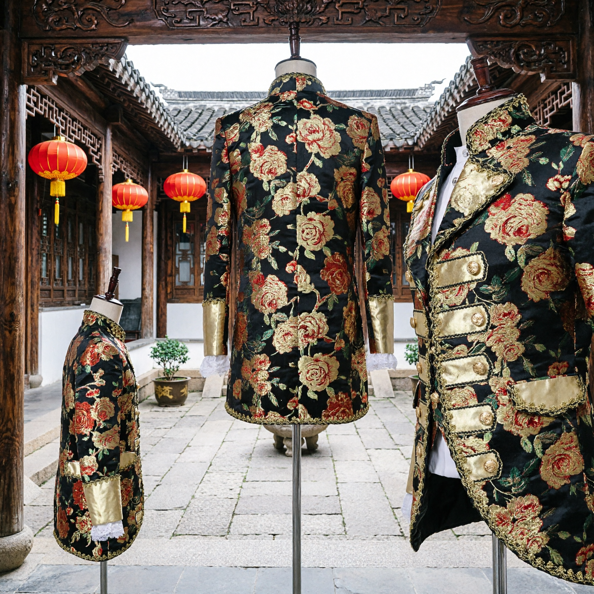 メンズ ヴィンテージバロックフローラルテールコートジャケット 金縁飾りフリルカフス ヴィクトリア朝王子コスプレ衣装 - Asian Costume