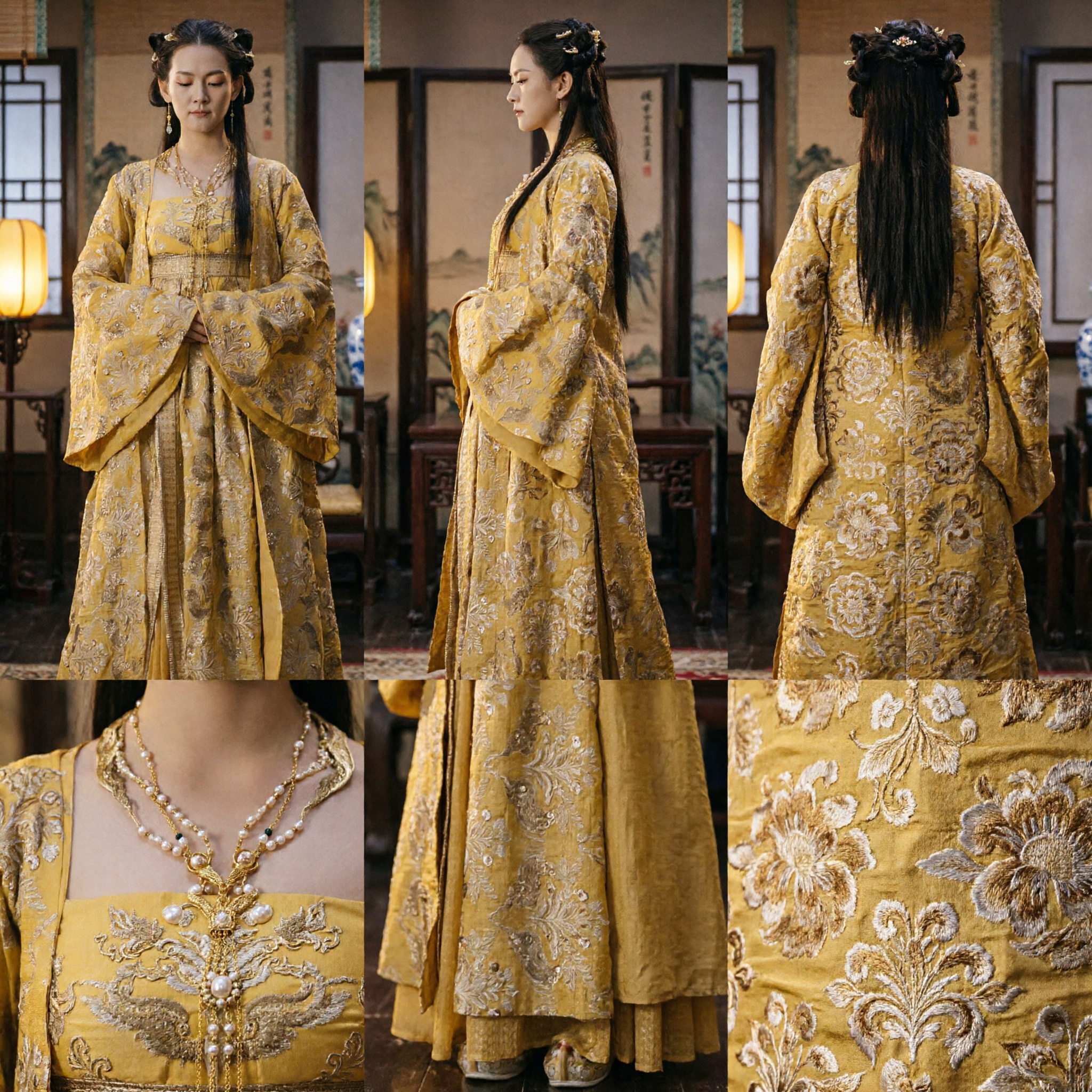 Traje Hanfu Chinês Elegante Amarelo Vestido Tradicional de Princesa da Dinastia Tang com Bordado Dourado para Mulheres - Asian Costume