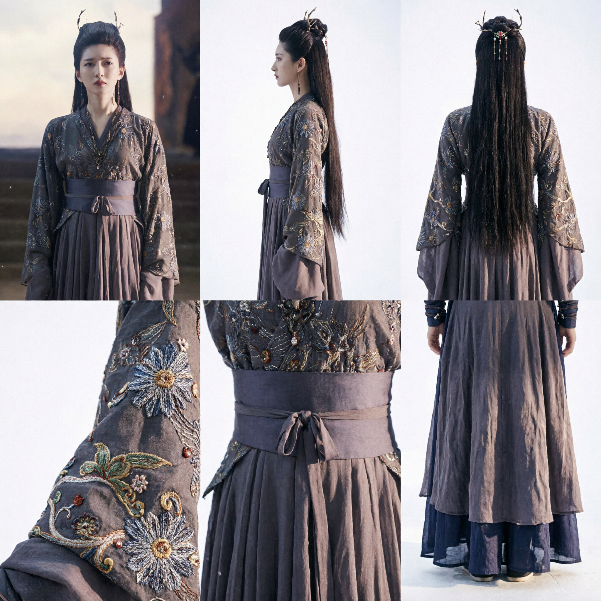 Vrouwen Donkergrijs Geborduurde Hanfu Oud Chinees Kostuum Compleet Set voor Cosplay en Historisch Drama - Asian Costume