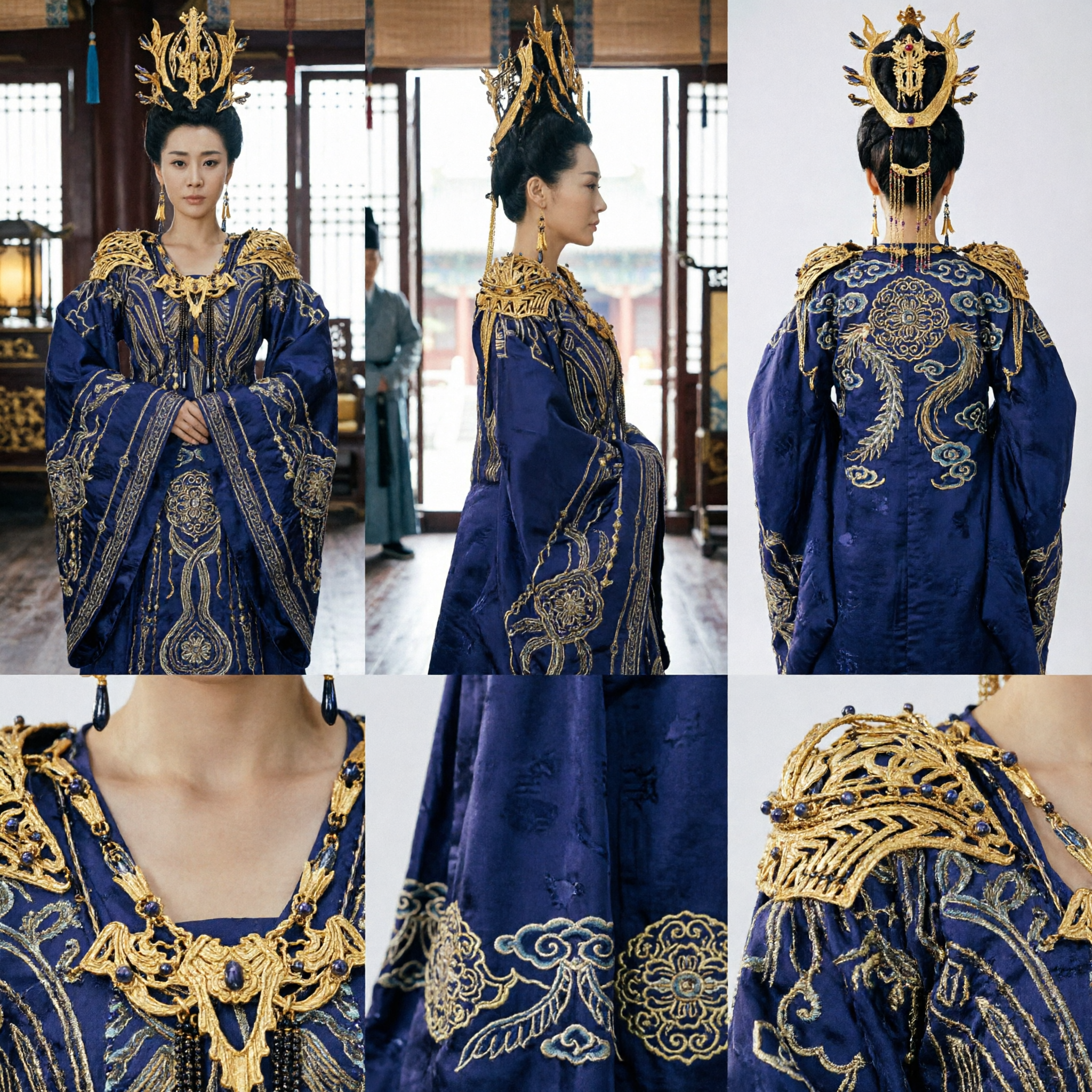 Traje Hanfu de Imperatriz Chinesa de Luxo Azul Real Vestido da Dinastia Tang com Bordado Dourado para Mulheres Performance de Cosplay - Asian Costume