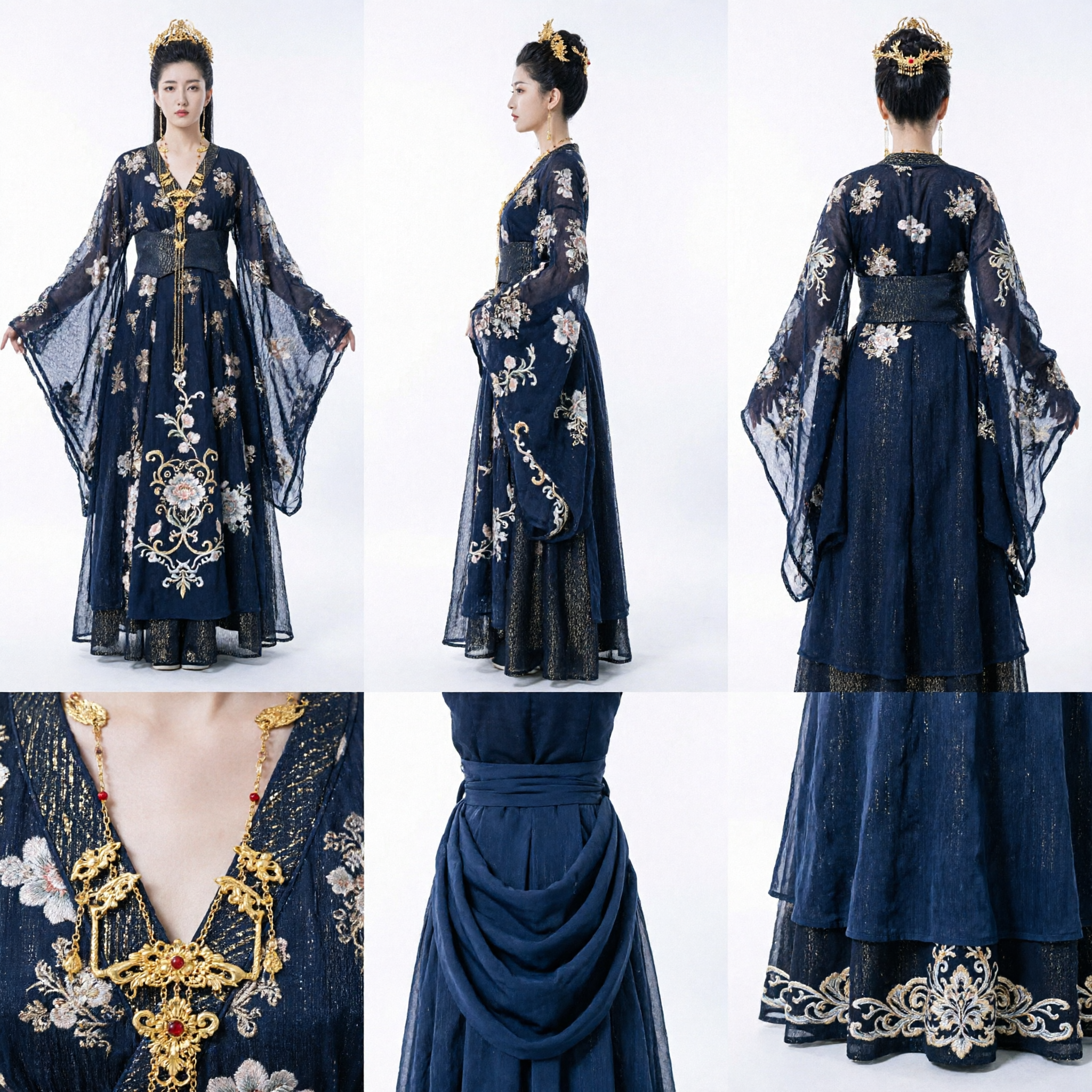 Traje de Reina del Palacio Antiguo Chino Azul Oscuro, Hanfu Tradicional Bordado para Mujeres, para Cosplay y Espectáculos - Asian Costume