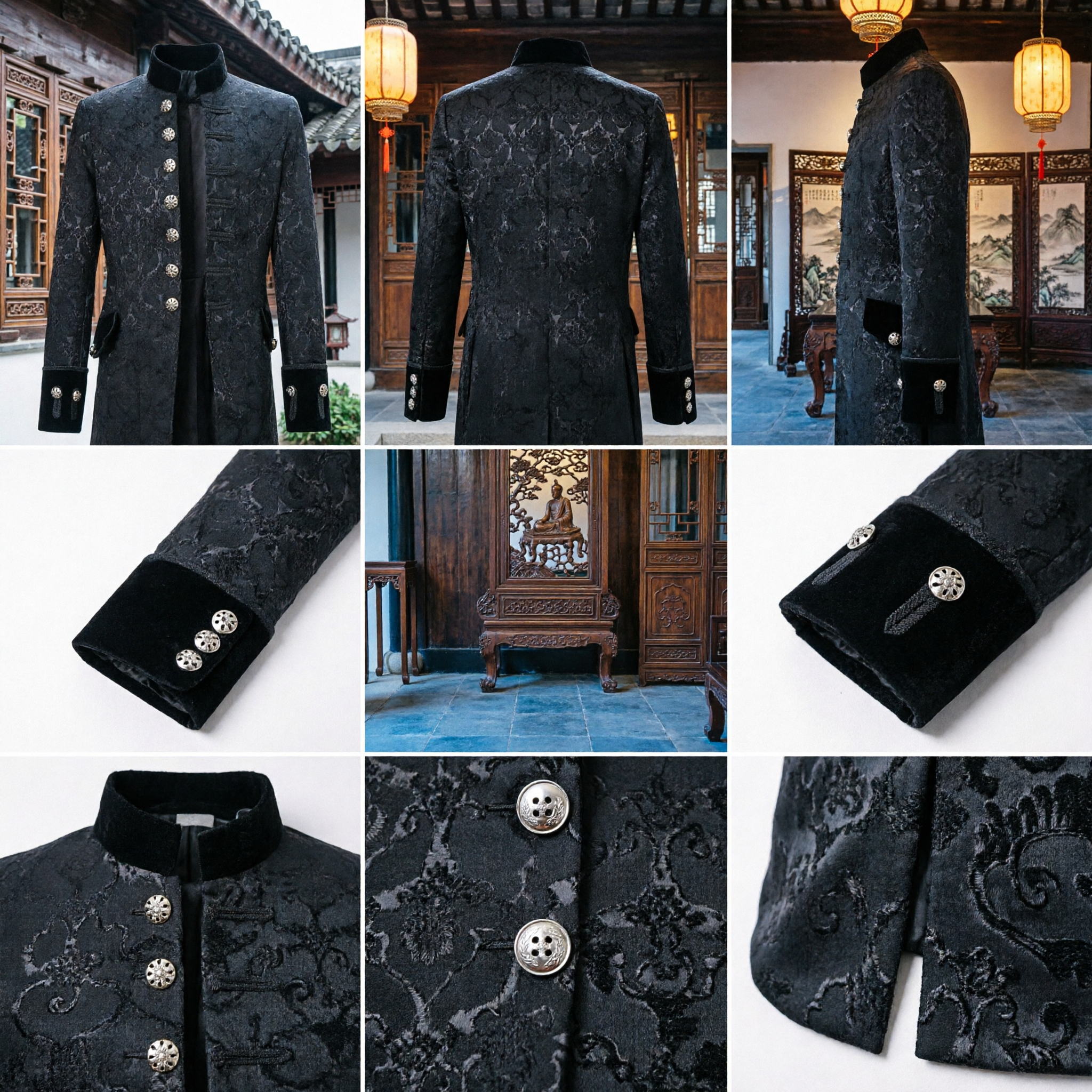 Veste Tang Élégante pour Hommes en Jacquard Noir, Manteau Traditionnel Chinois à Col Mandarin pour Mariages et Événements Formels - Asian Costume