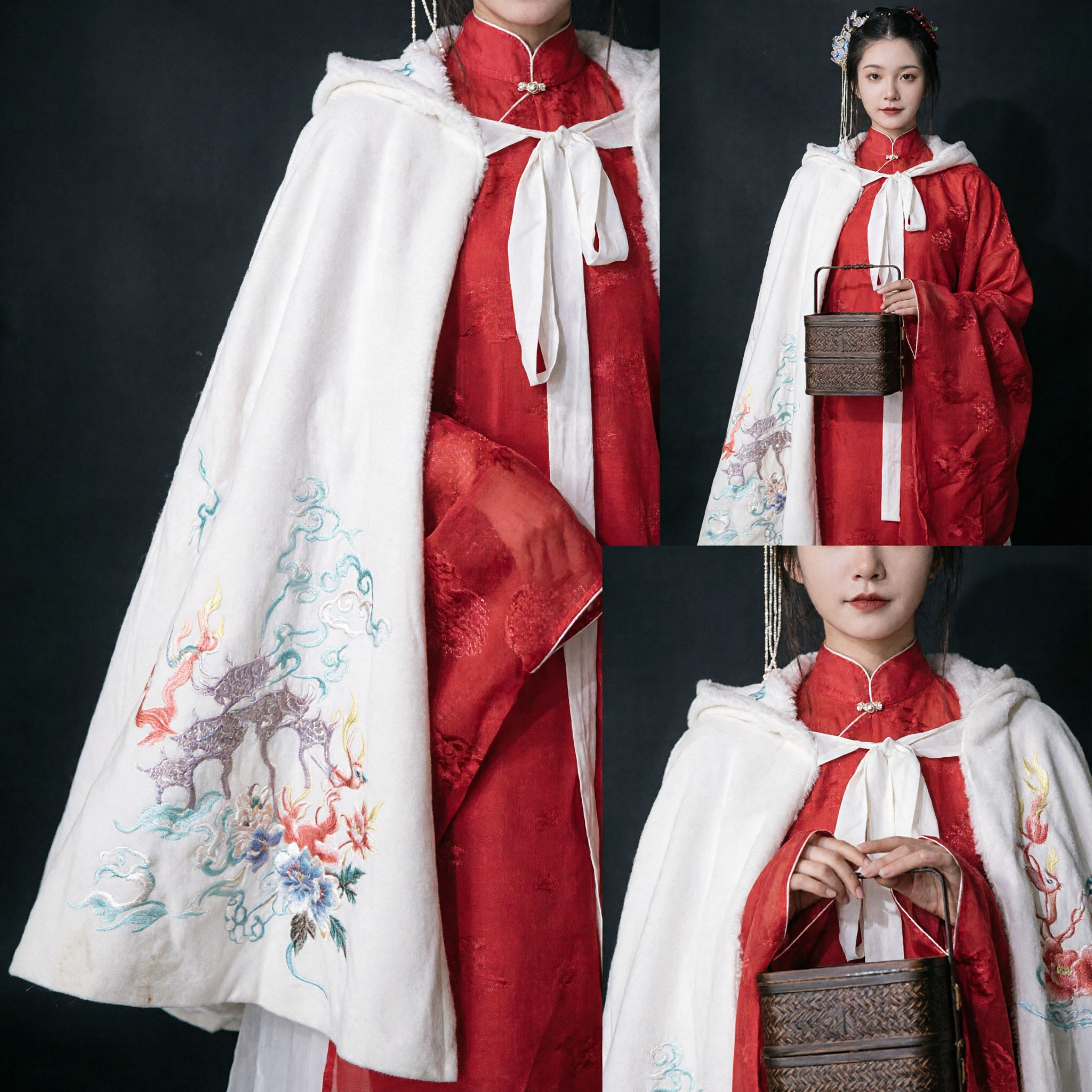 Traditional Chinese Hanfu Costume for Women Red Dress with White Embroidered Cloak Ancient Clothing Set - Asian Costume