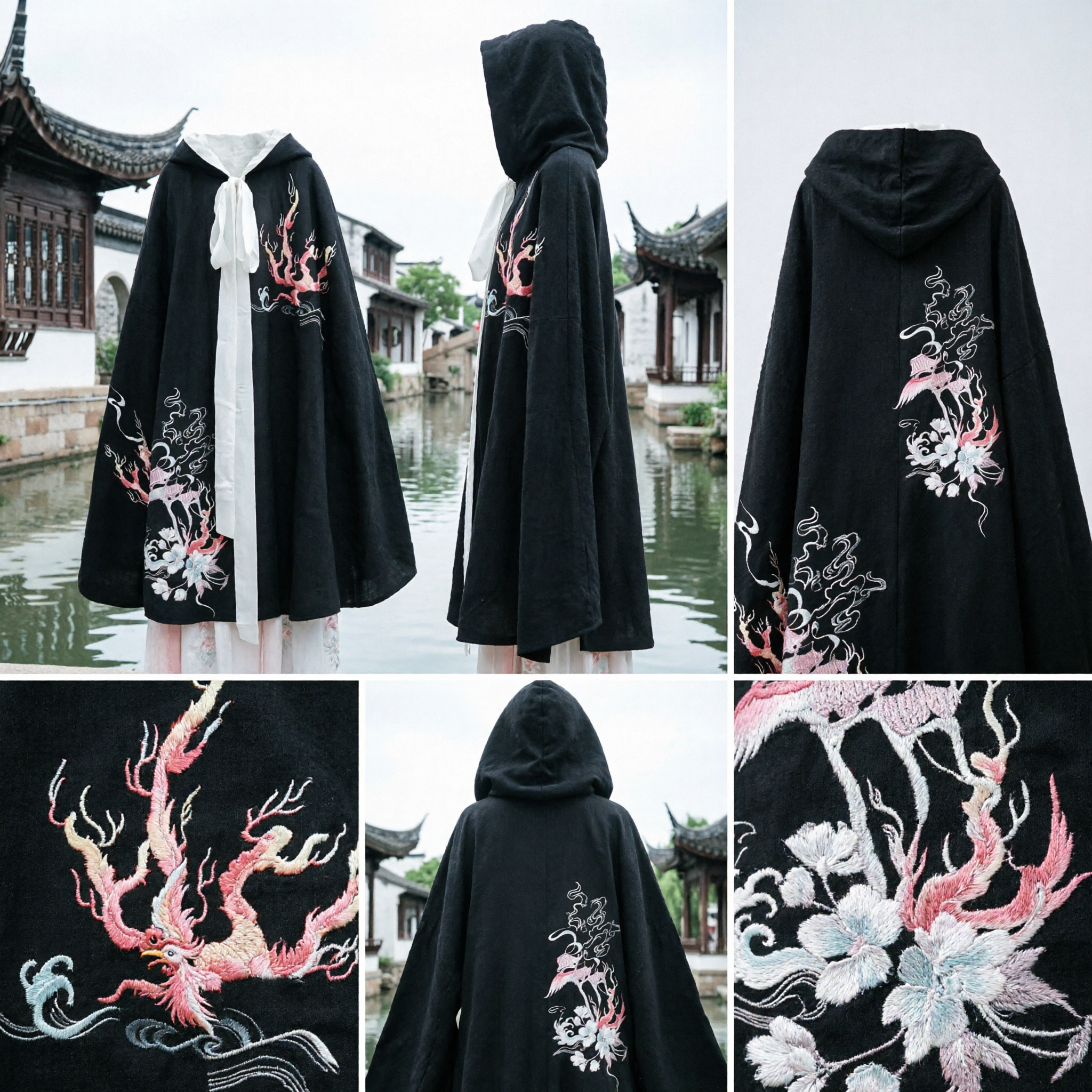 Mantello con Cappuccio Nero Hanfu Tradizionale Cinese con Ricamo di Drago e Fiori Mantello Cosplay per Adulti - Asian Costume