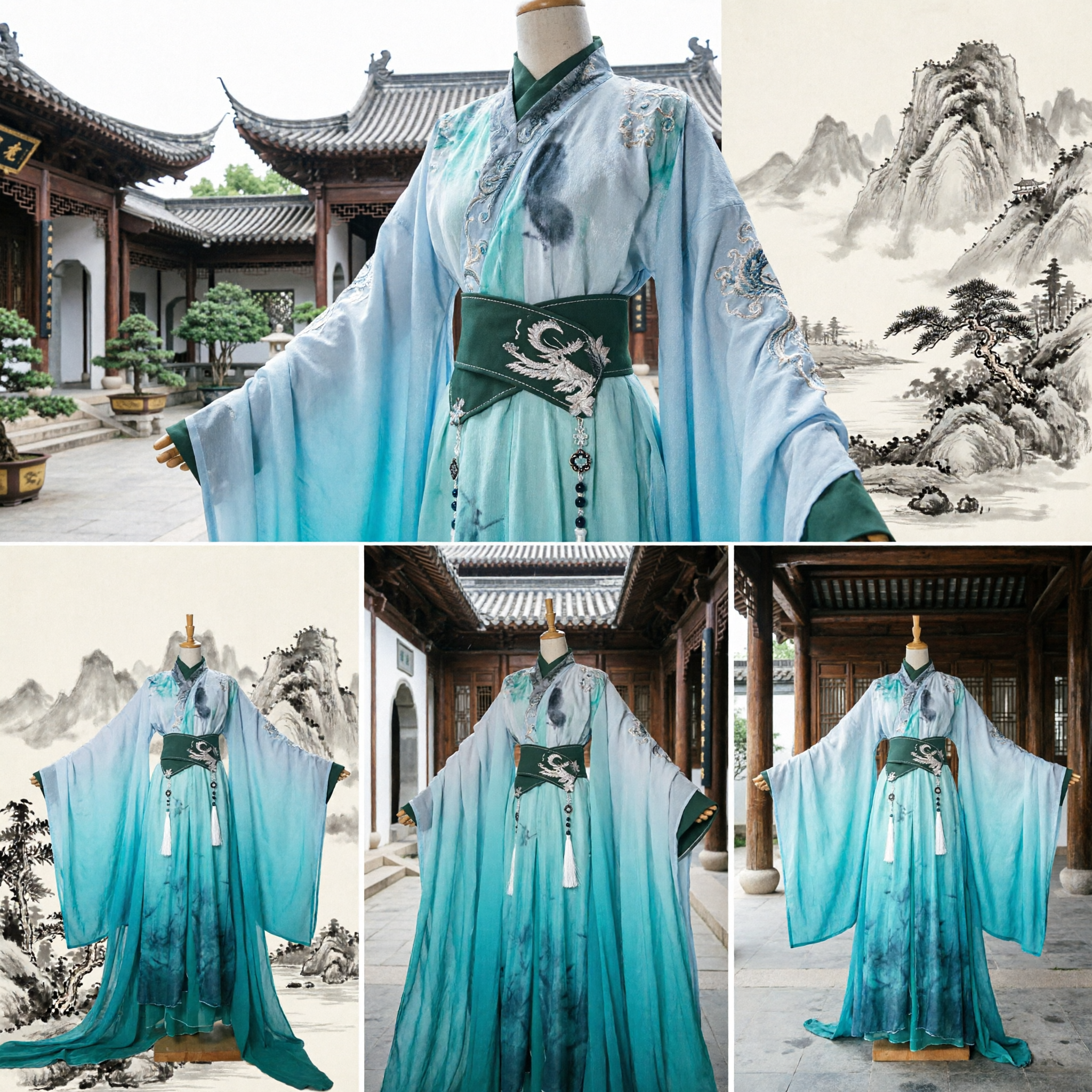Traditionelles chinesisches Hanfu, antikes Kostüm, Wuxia-Schwertkämpfer-Robe für Männer, grüner Farbverlauf, langärmliges Cosplay-Outfit - Asian Costume