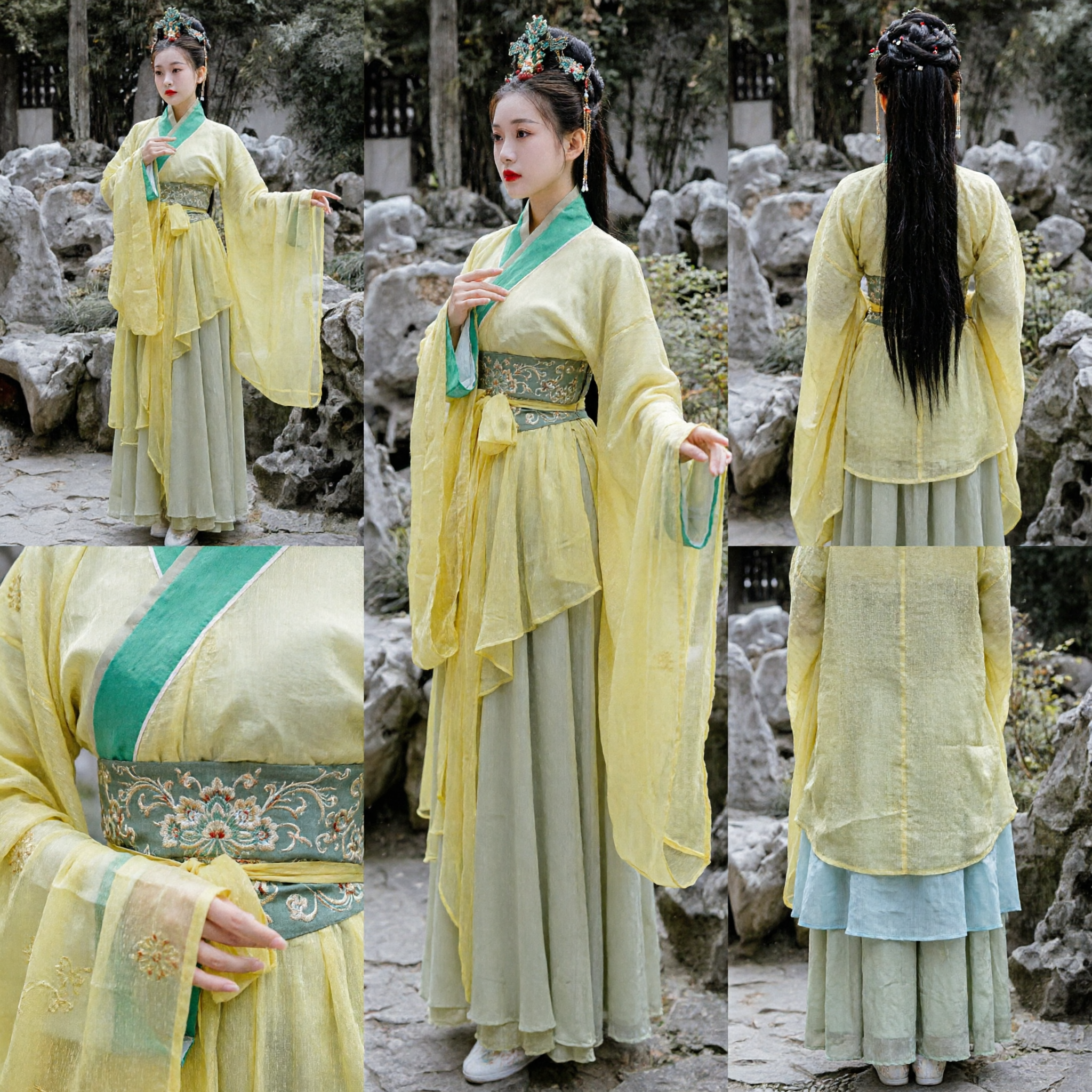 伝統的中国漢服衣装 黄と緑の古代宮廷婦人ドレス 女性用パフォーマンス - Asian Costume