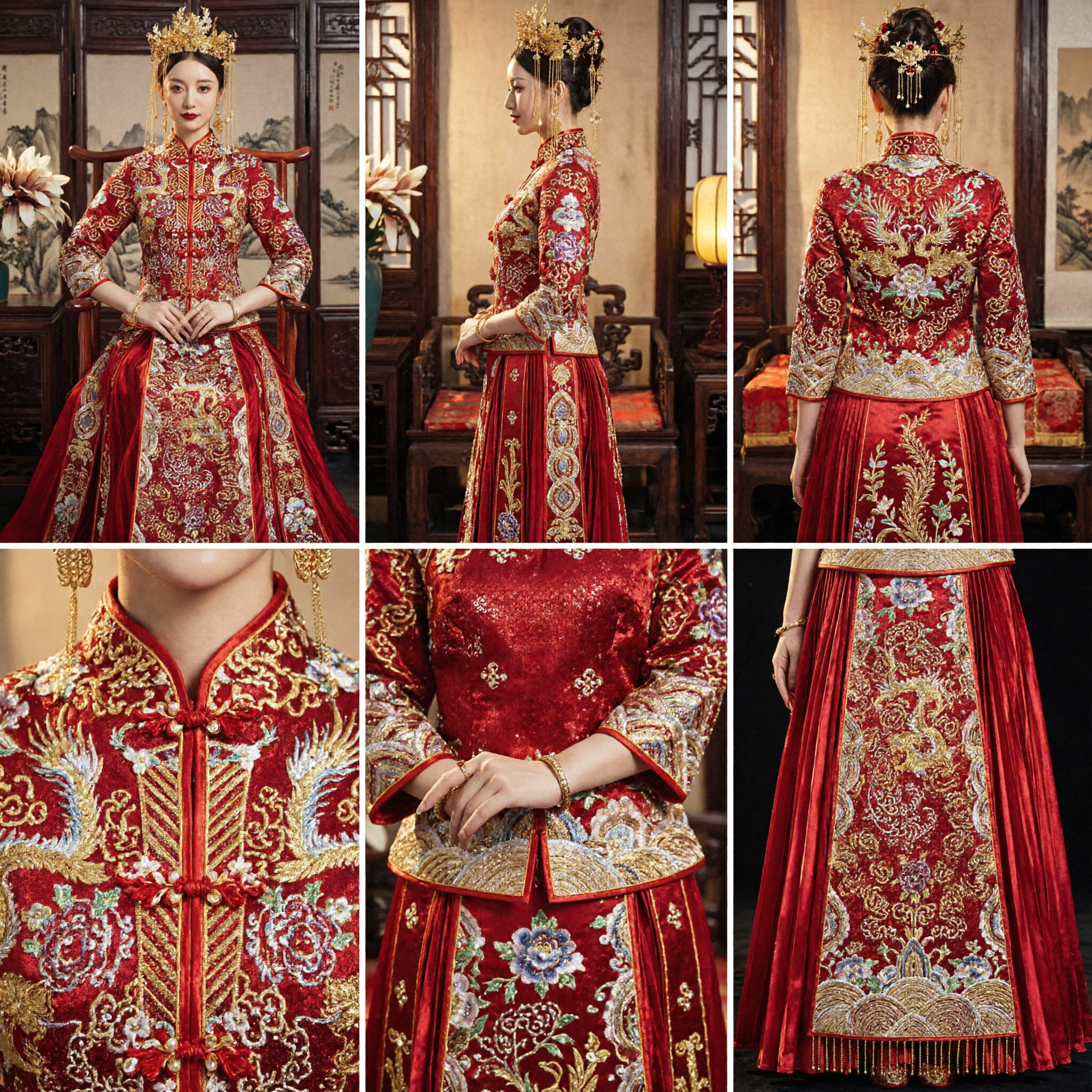 Vestido de Novia Chino Tradicional Rojo, Traje Xiuhe Bordado en Oro, Traje de Novia con Tocado - Asian Costume