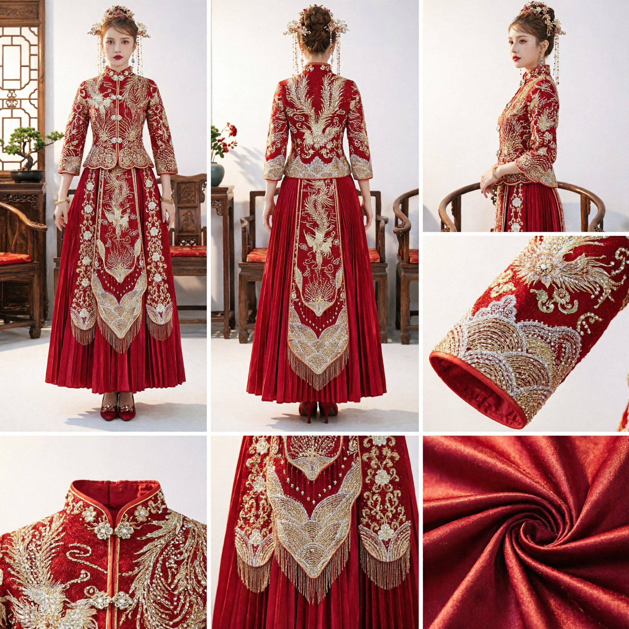 Abito da sposa tradizionale cinese rosso Xiuhefu, costume da sposa con ricamo oro drago e fenice per cerimonia del tè - Asian Costume