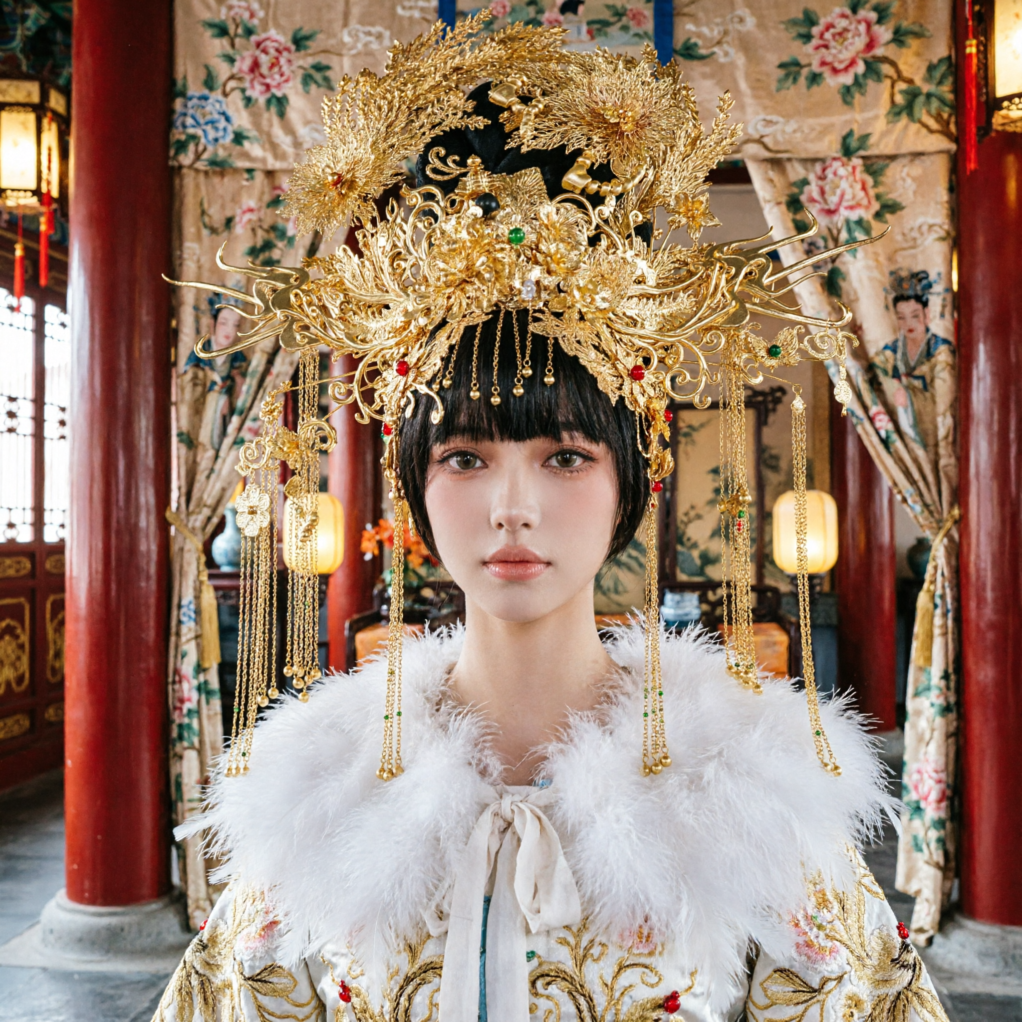 Tradycyjne chińskie starożytne złote akcesoria do włosów z koroną feniksa, ślubne nakrycie głowy Hanfu dla kobiet - Asian Costume