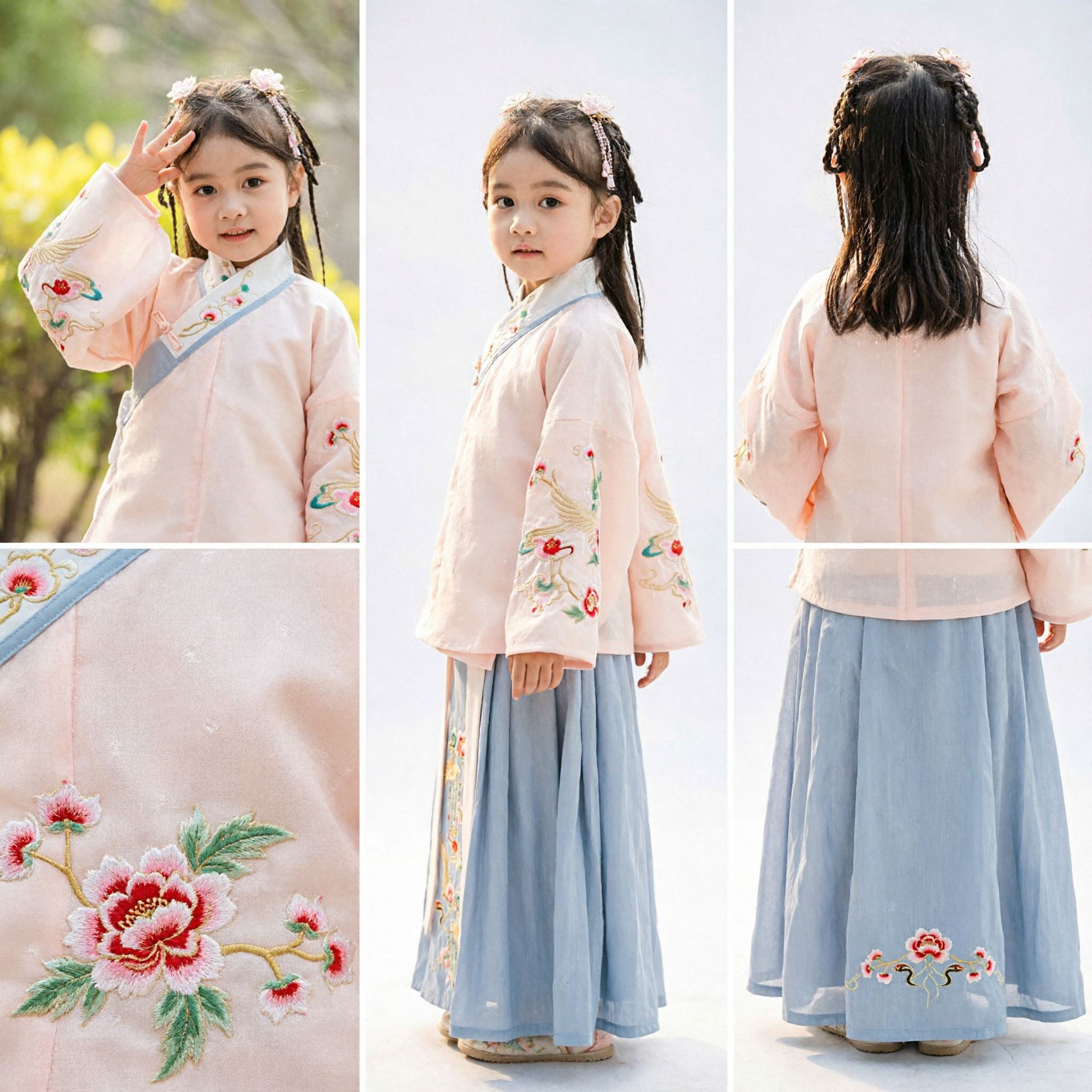 伝統的中国漢服 子供女児用明朝刺繍鶴ピンクトップス青スカート衣装 - Asian Costume