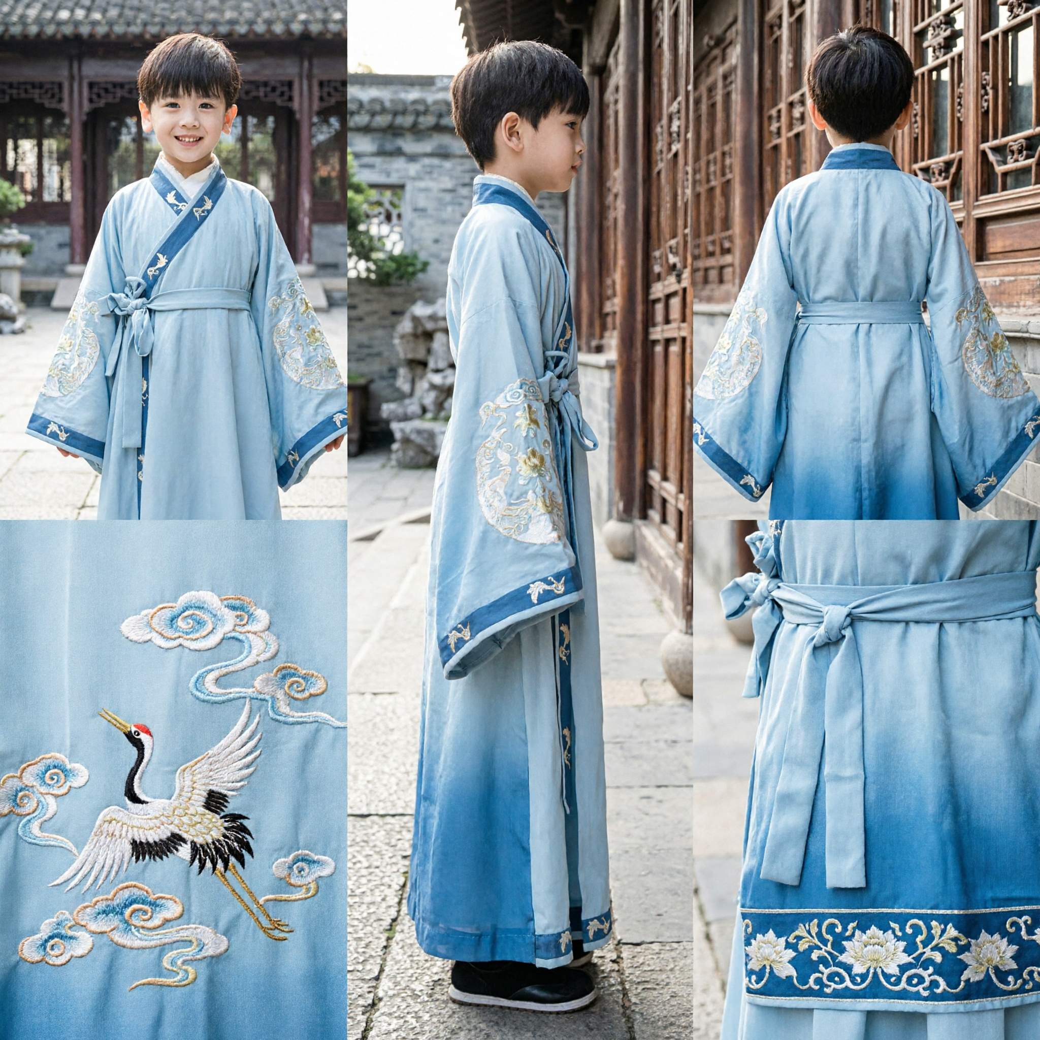 Traje Tradicional Chinês Hanfu para Meninos, Túnica Azul Claro Bordada, Roupa Antiga de Estudioso para Crianças - Asian Costume