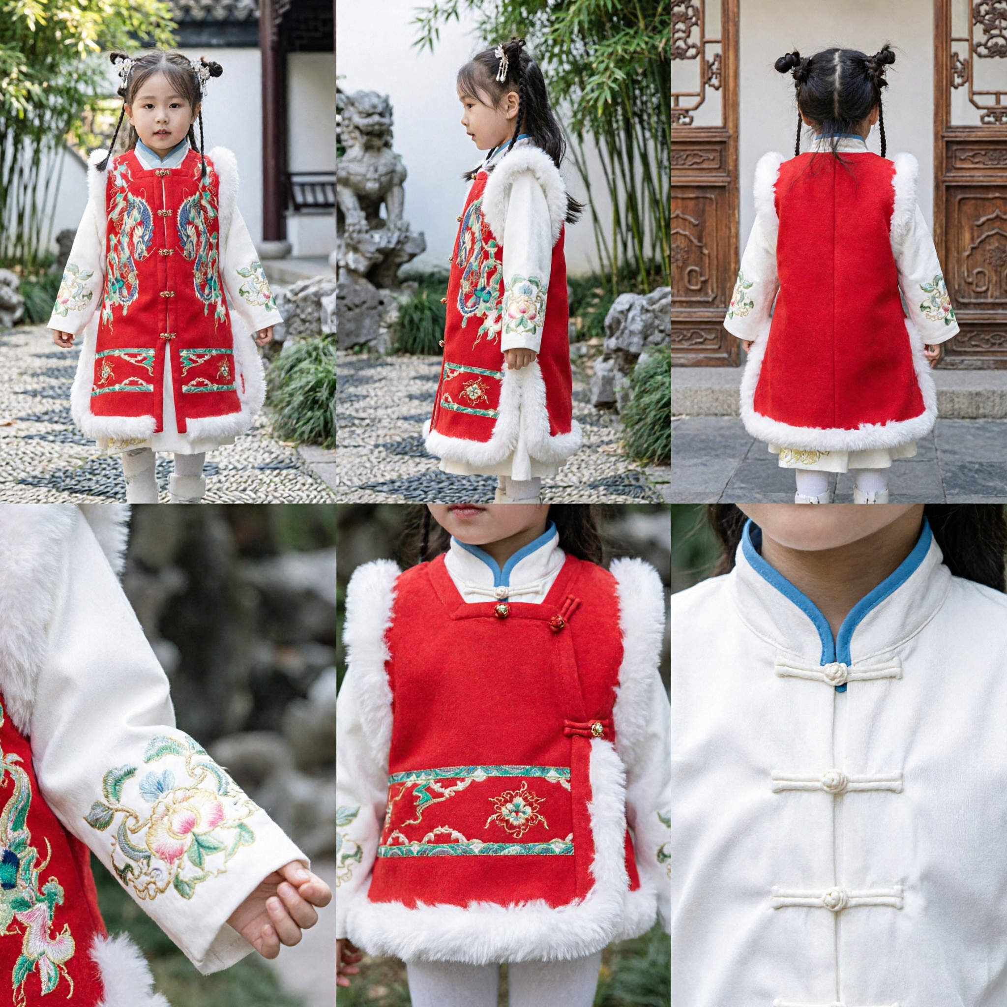 Costume Tang traditionnel chinois pour enfants, rouge brodé de dragon, garniture fourrure hiver, Hanfu pour filles, fête du Nouvel An - Asian Costume