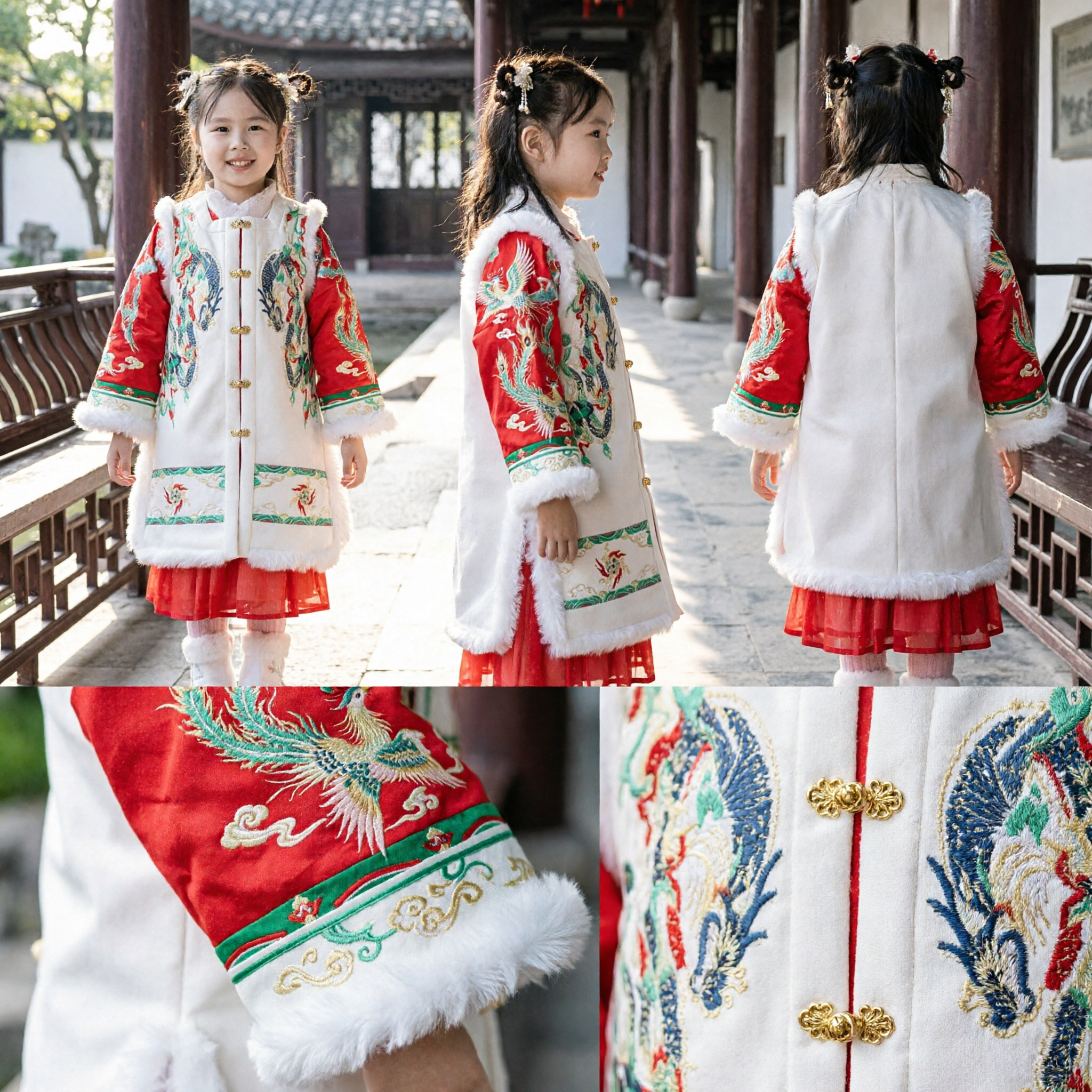 子供用旧正月ハンフ 伝統的な龍刺繍ホワイトファーベスト 冬唐装コスチューム 女の子向け - Asian Costume
