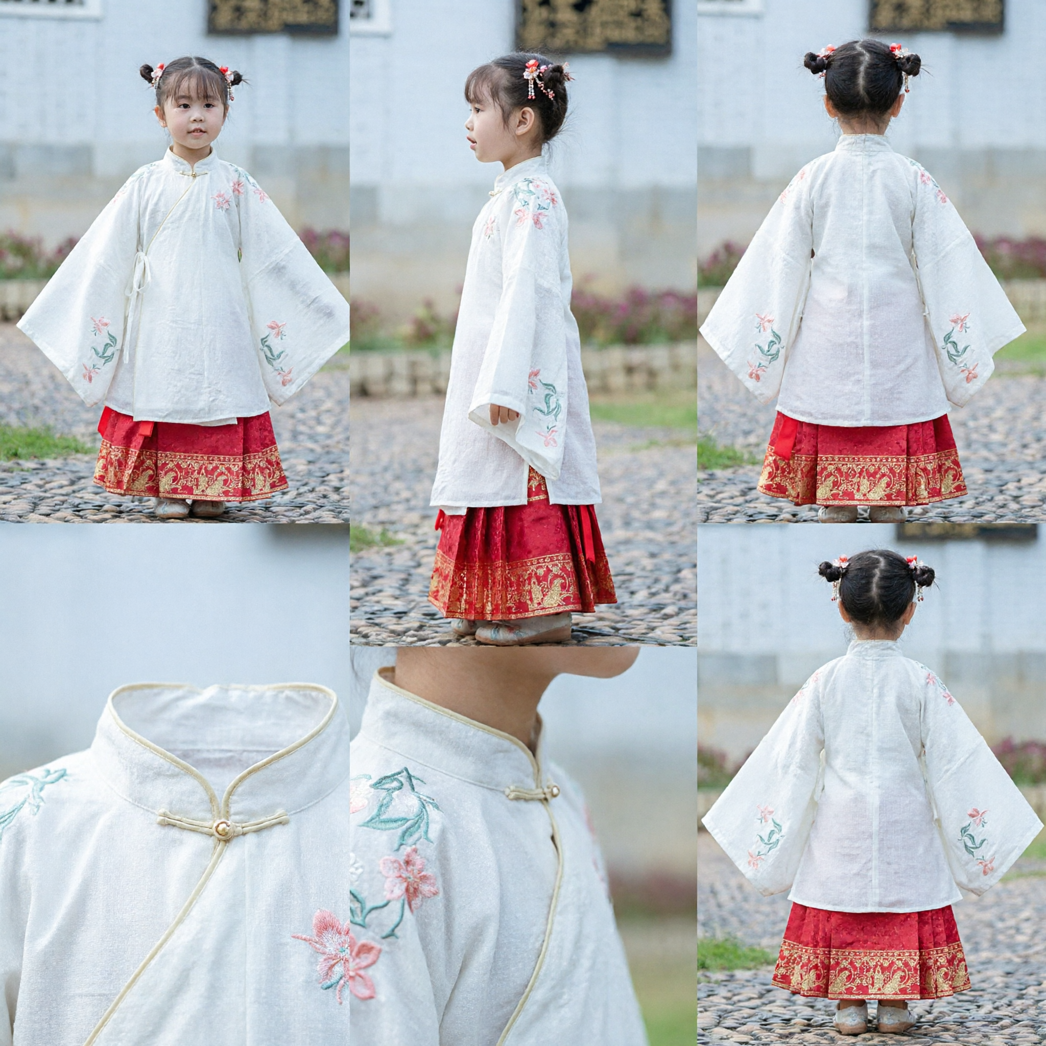 Tradycyjny chiński strój Hanfu dla dzieci, starożytny zestaw z haftowaną białą bluzką i czerwoną spódnicą dla dziewczynek na festiwale - Asian Costume