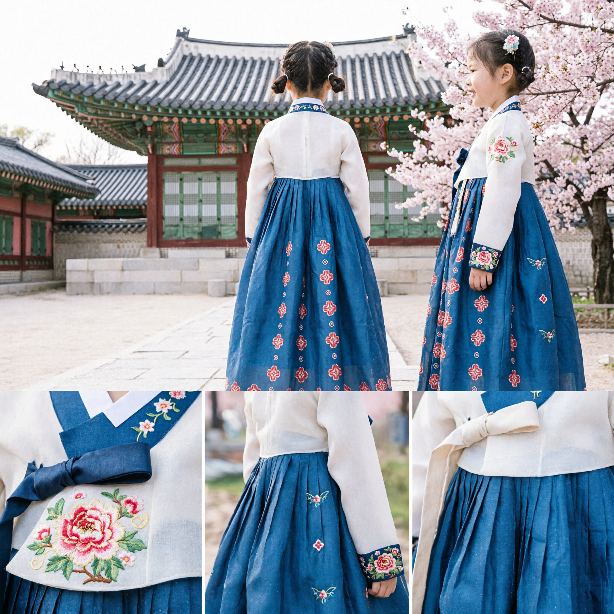 Traditionelles koreanisches Hanbok-Kleid für Mädchen, blaues floral besticktes Kostüm für Kinder, Feiertage - Asian Costume