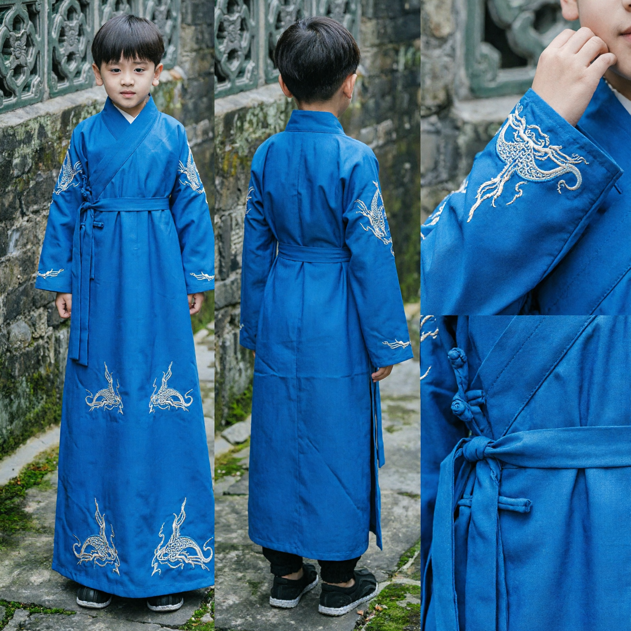 Hanfu traditionnel chinois pour garçons - Robe bleue d'érudit ancien avec broderie de dragon pour spectacle d'enfants - Asian Costume