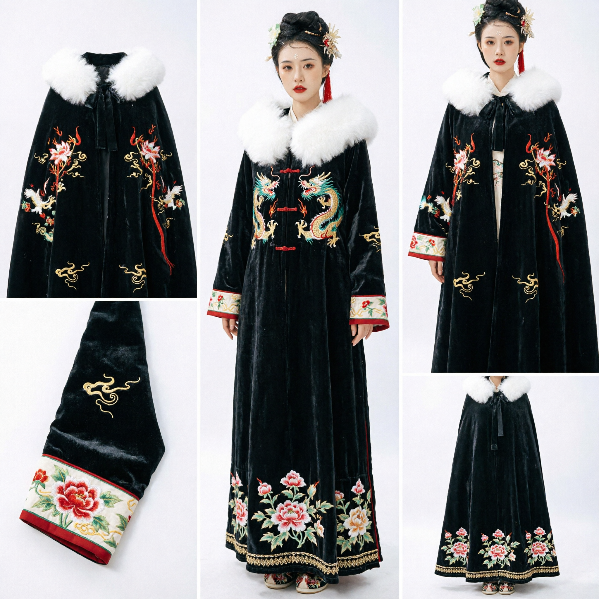 Chinese Traditional Hanfu Black Cloak with White Fur Collar and Floral Embroidery for Women Ancient Costume - Asian Costume