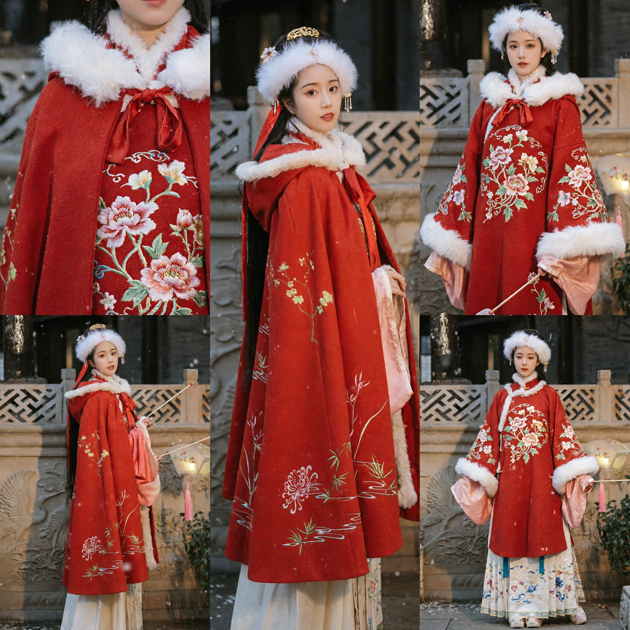 Tradycyjny Czerwony Hanfu dla Kobiet, Zimowy Płaszcz z Białym Futrzanym Obszyciem i Kwiatowym Haftem, Starożytny Kostium - Asian Costume