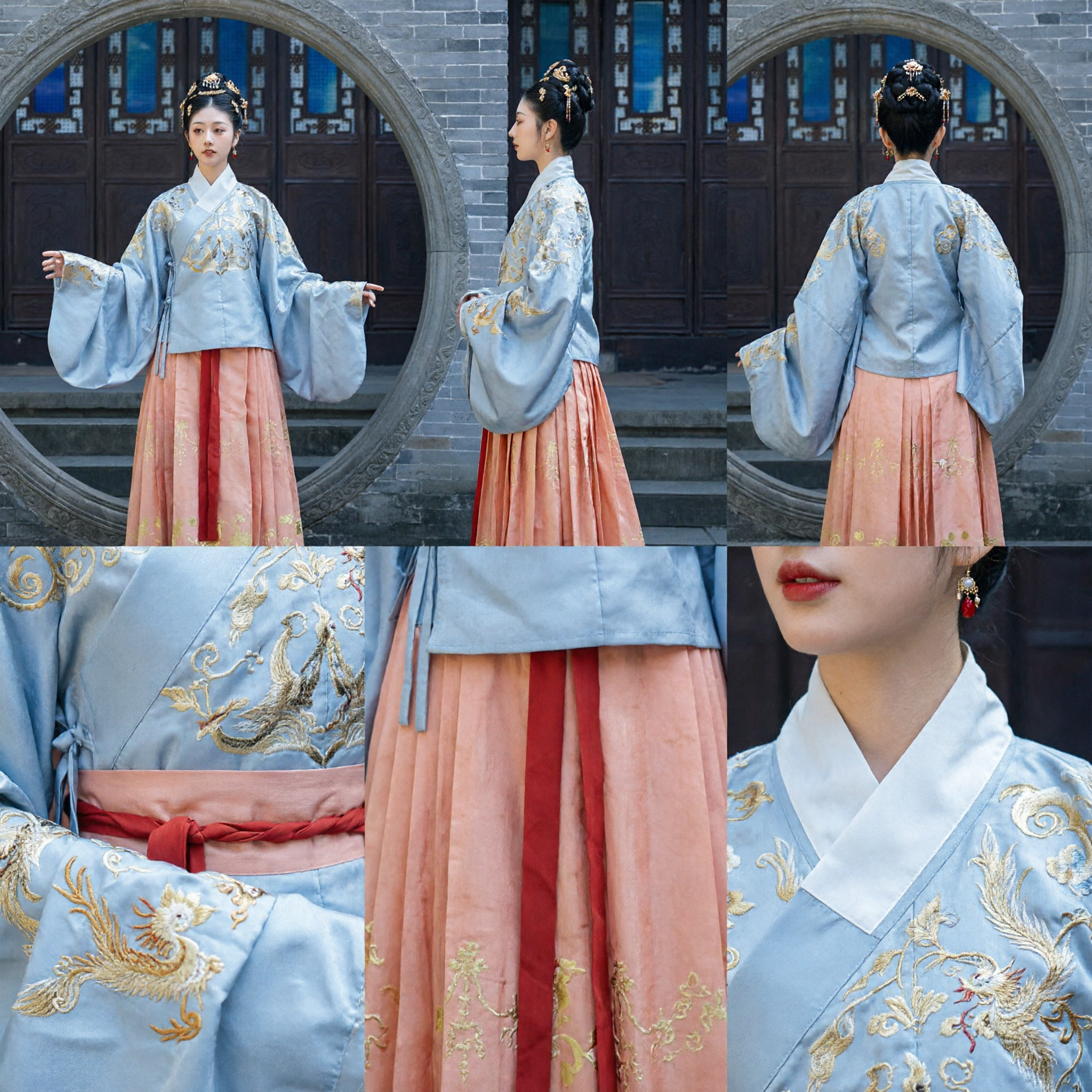 Ropa Hanfu Tradicional China para Mujeres Conjunto de la Dinastía Ming con Top Ao Azul Bordado y Falda Plisada Rosa - Asian Costume