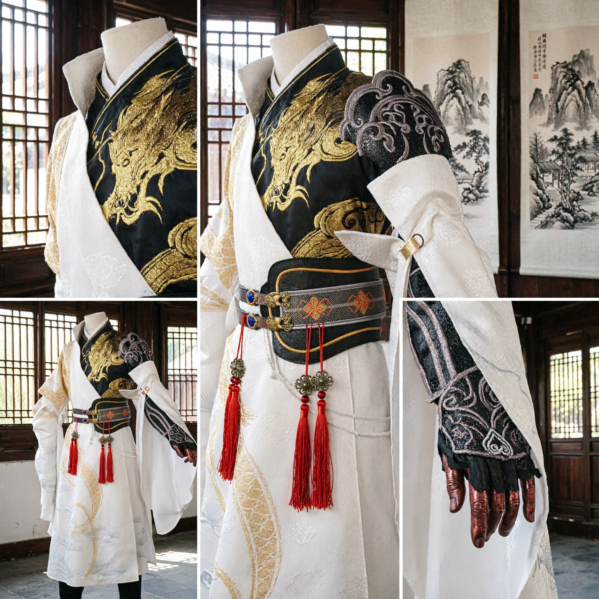 Costume d'Épéiste Wuxia Chinois Ancien pour Hommes Hanfu Blanc avec Broderie de Dragon Doré Tenue Cosplay pour Spectacle - Asian Costume