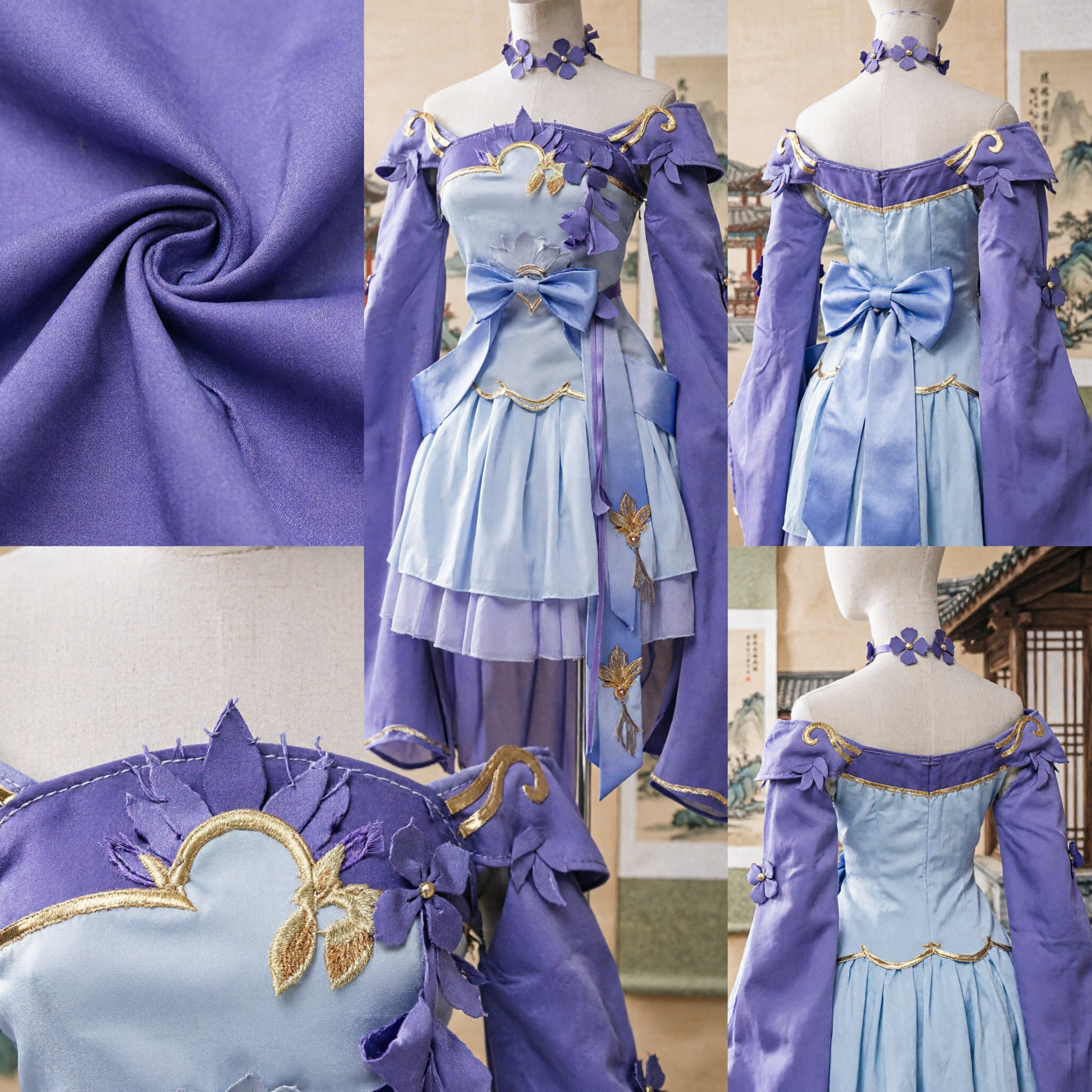 Vestido de Cosplay de Fantasía Púrpura, Traje de Chica Mágica con Hombros al Descubierto, Falda Superpuesta y Acentos Dorados para Mujeres - Asian Costume