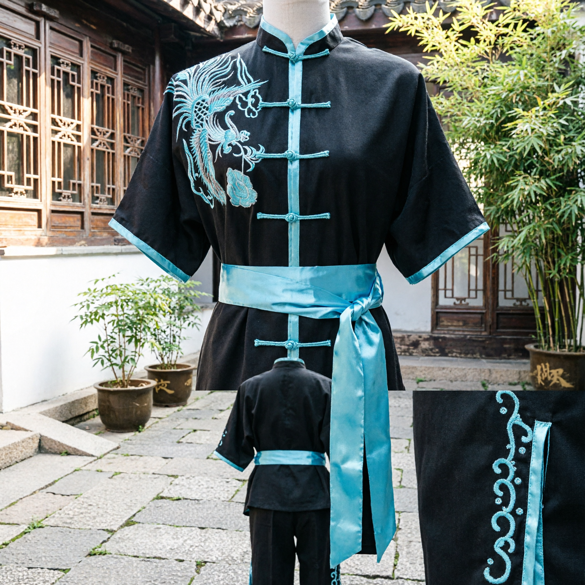 伝統的黑色シルク太極ユニフォームセット 青龍刺繍入り 功夫練習用 - Asian Costume