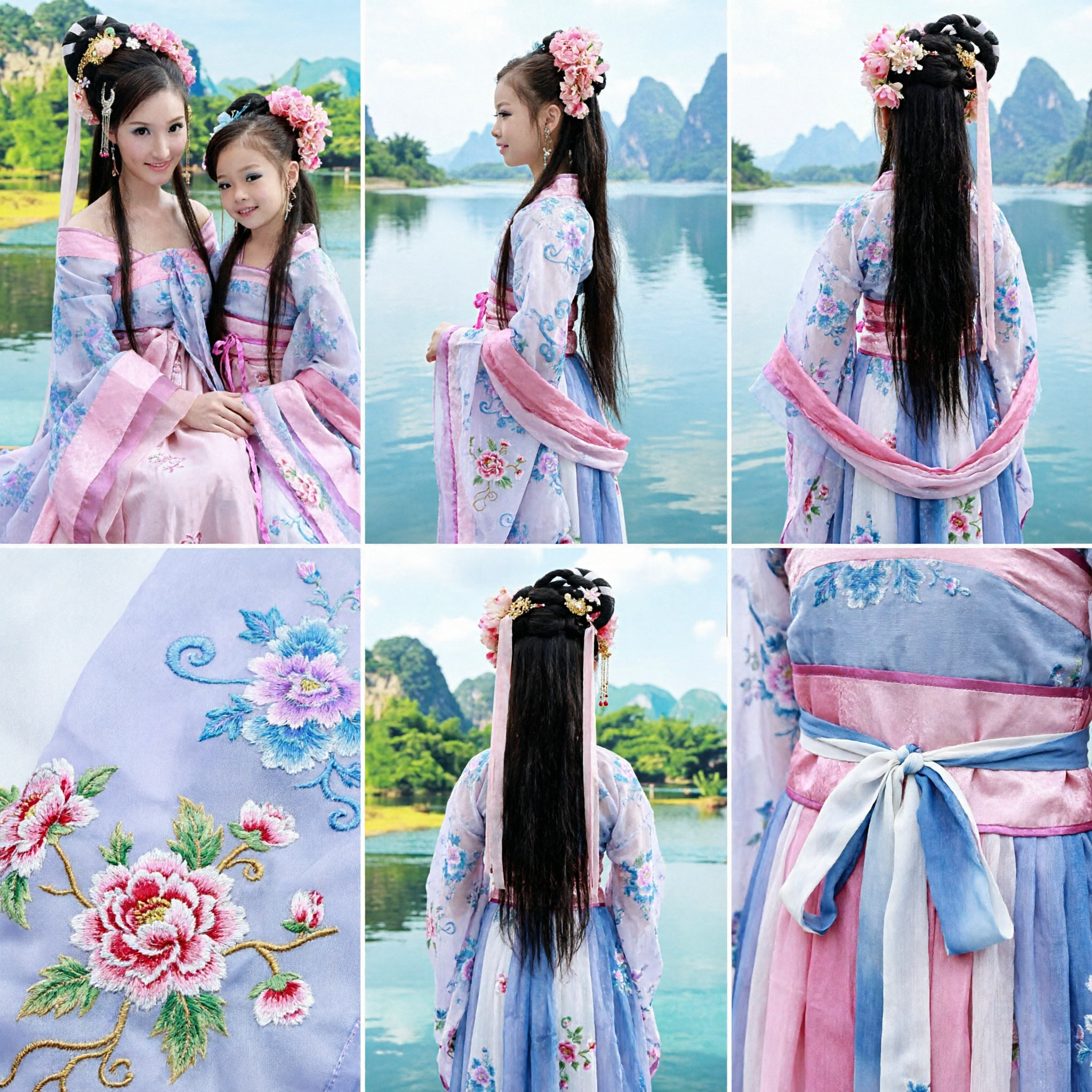 Set coordinato madre-figlia Hanfu della dinastia Tang tradizionale cinese, costume antico rosa floreale da fata per donne e bambine - Asian Costume