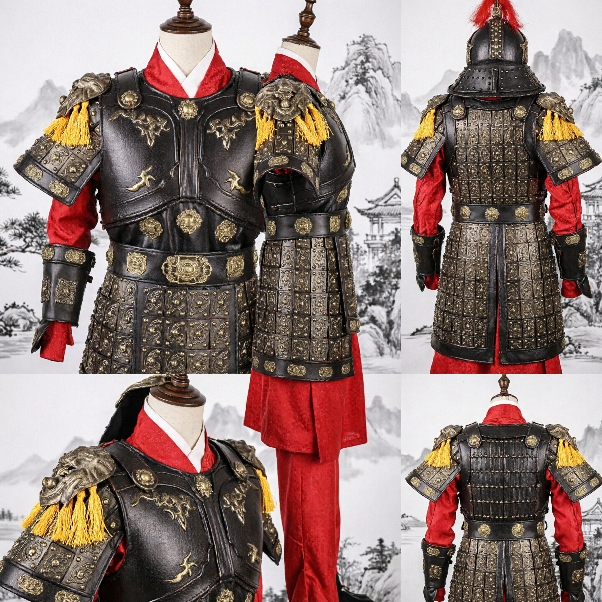 Traditionelle chinesische General-Rüstung, Schwarzes Leder-Krieger-Cosplay-Kostüm-Set für Männer, Bühnenaufführung - Asian Costume