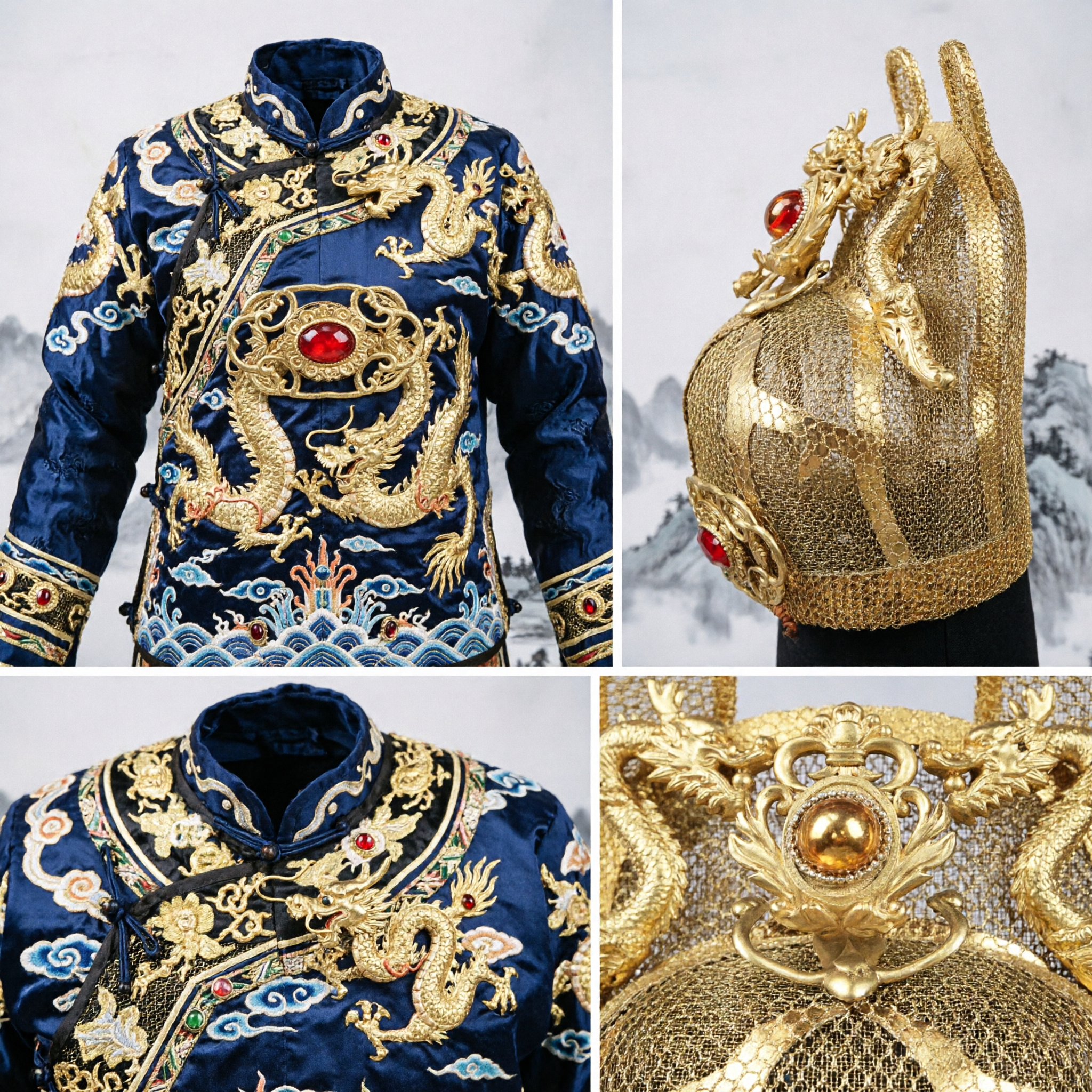 Couronne en maille à dragon doré d'empereur ancien chinois traditionnel, coiffe Hanfu pour hommes, costume de cosplay - Asian Costume