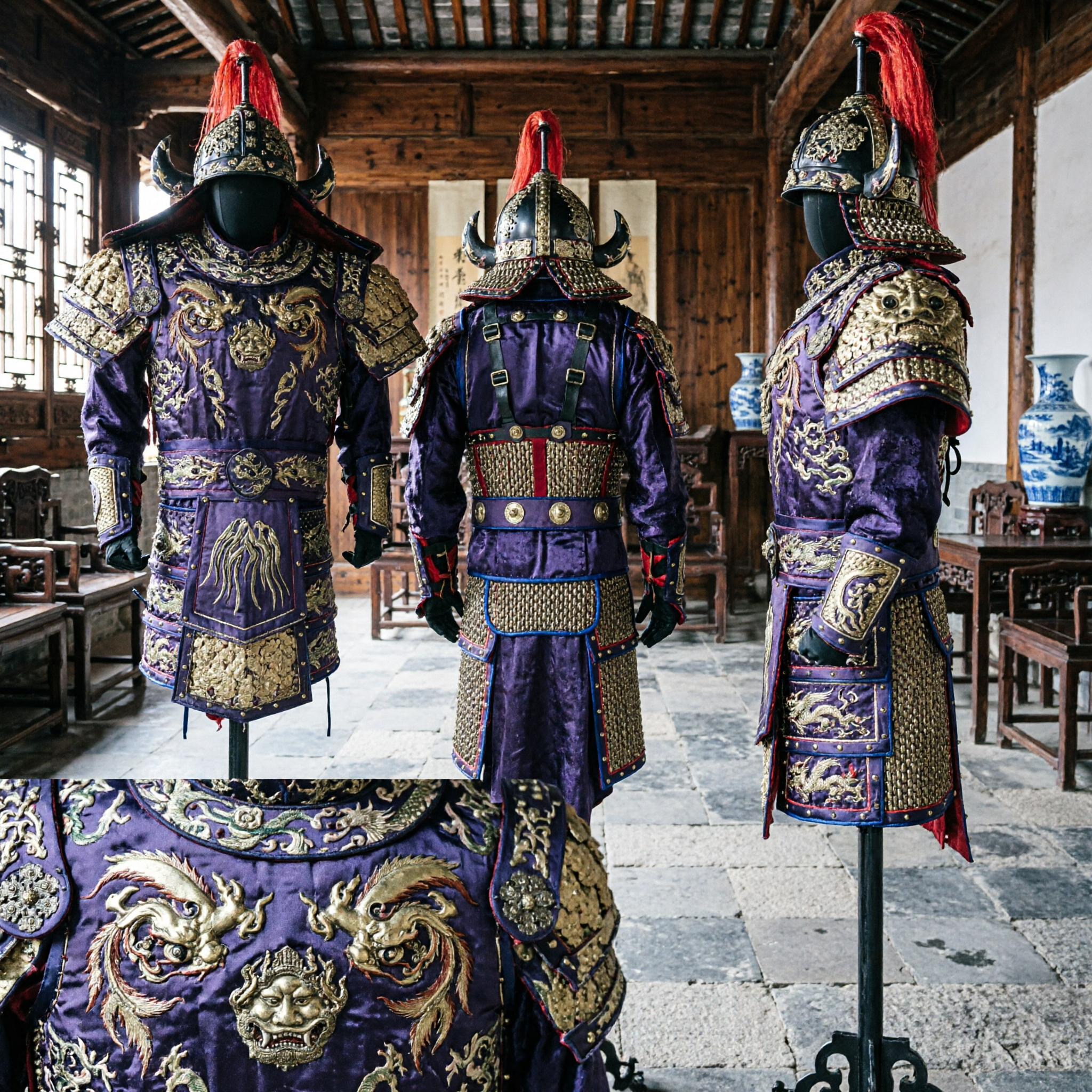 Costume d'armure de général de la dynastie Ming traditionnelle chinoise avec motif de dragon doré pour cosplay et exposition de reconstitution historique - Asian Costume