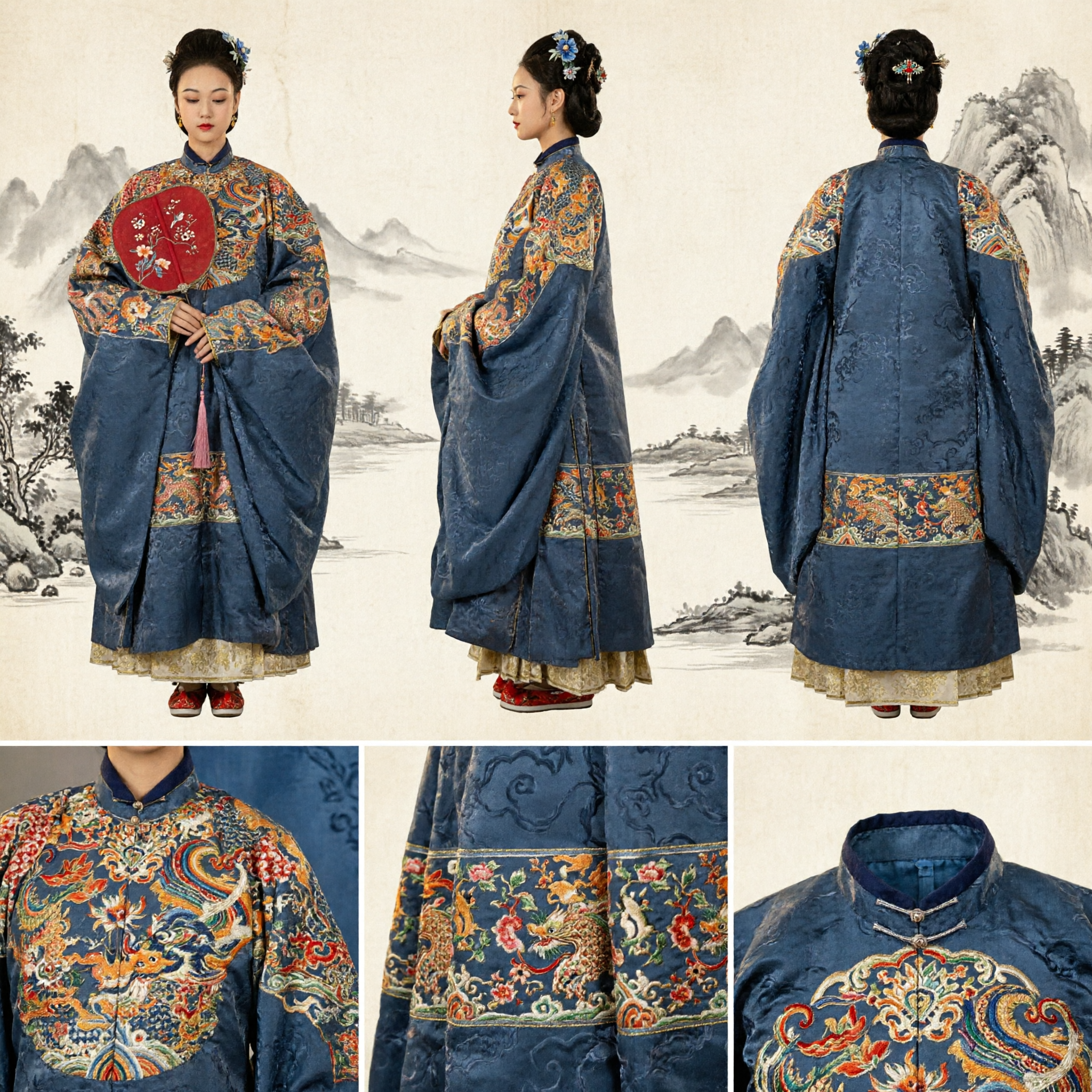 Traditionelles Hanfu der Ming-Dynastie, blau bestickte Drachenrobe und Rock-Set für Frauen, formelles historisches Kostüm - Asian Costume