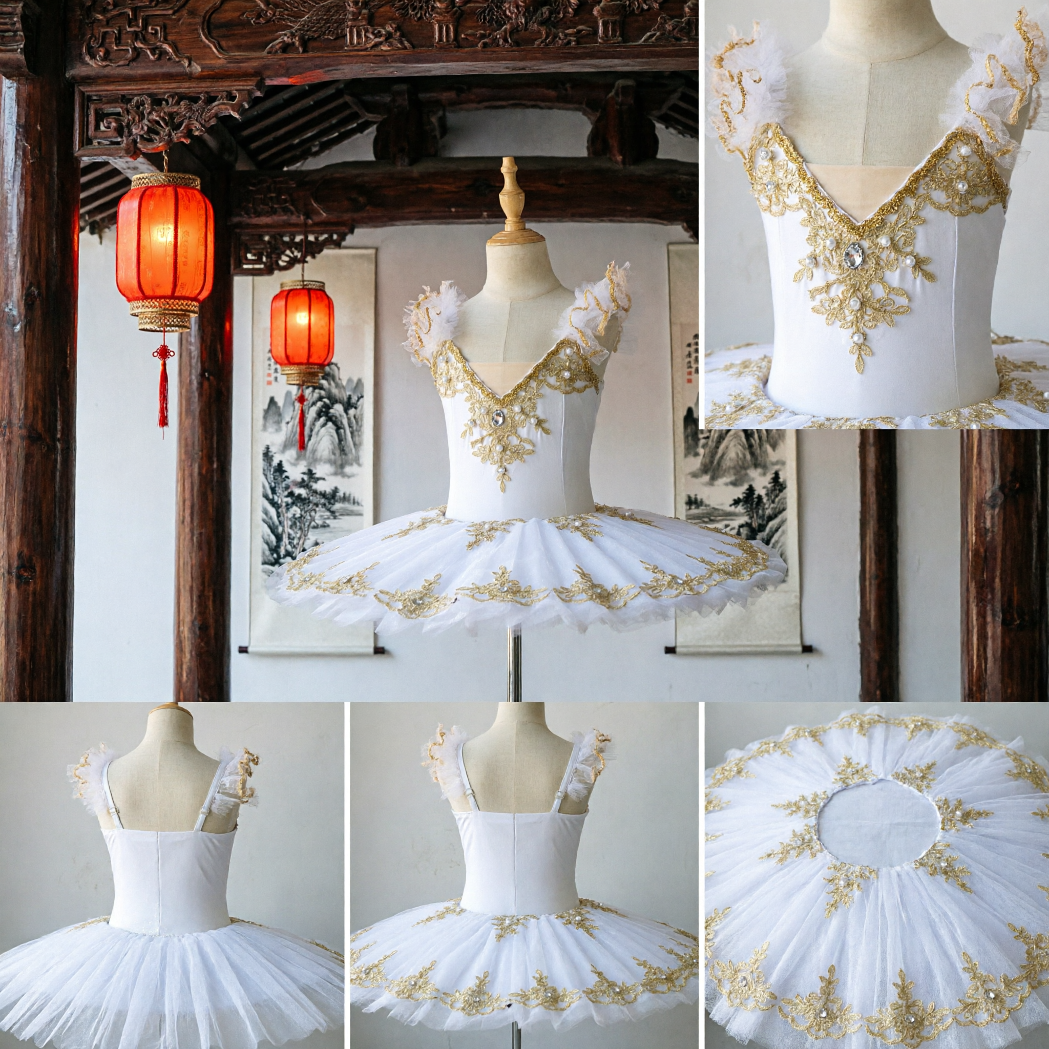 Tutu de ballet classique blanc professionnel avec broderie dorée et perles pour performance de danse - Asian Costume