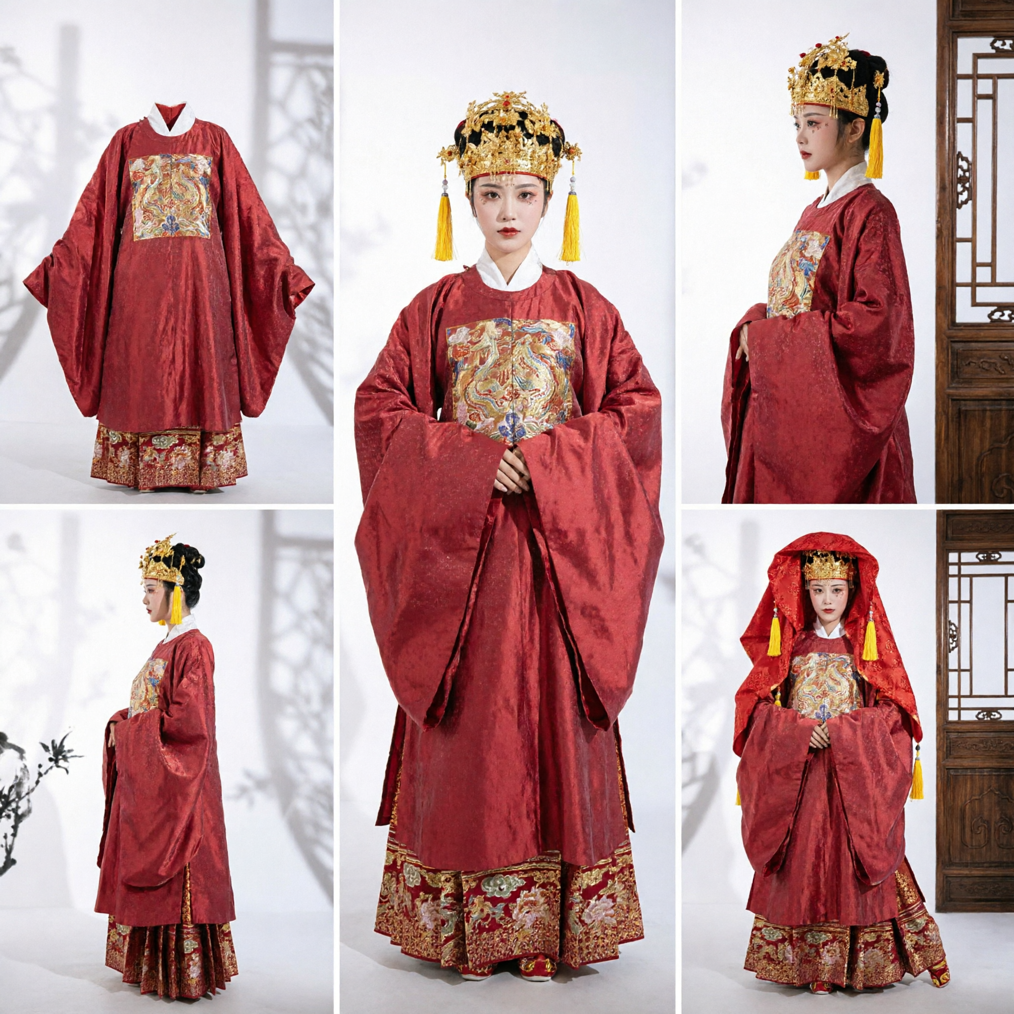 Hanfu Nuziale Tradizionale Cinese per Donne, Costume da Sposa della Dinastia Ming Rosso con Corona Fenice e Velo - Asian Costume