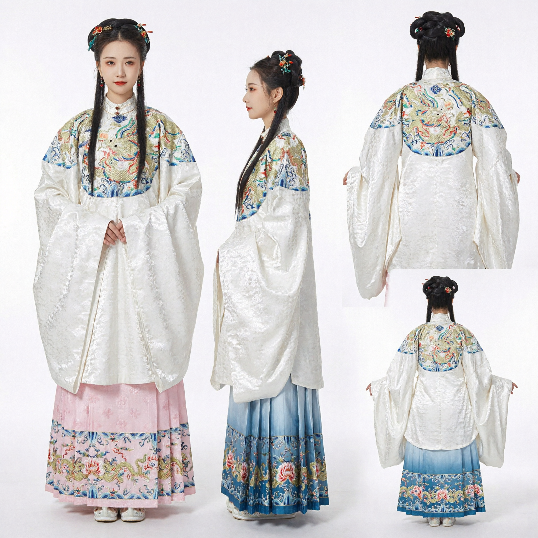 Traditional Chinese Ming Dynasty Hanfu Costume White Pifeng Cape Pink Embroidered Skirt Set for Women - Asian Costume