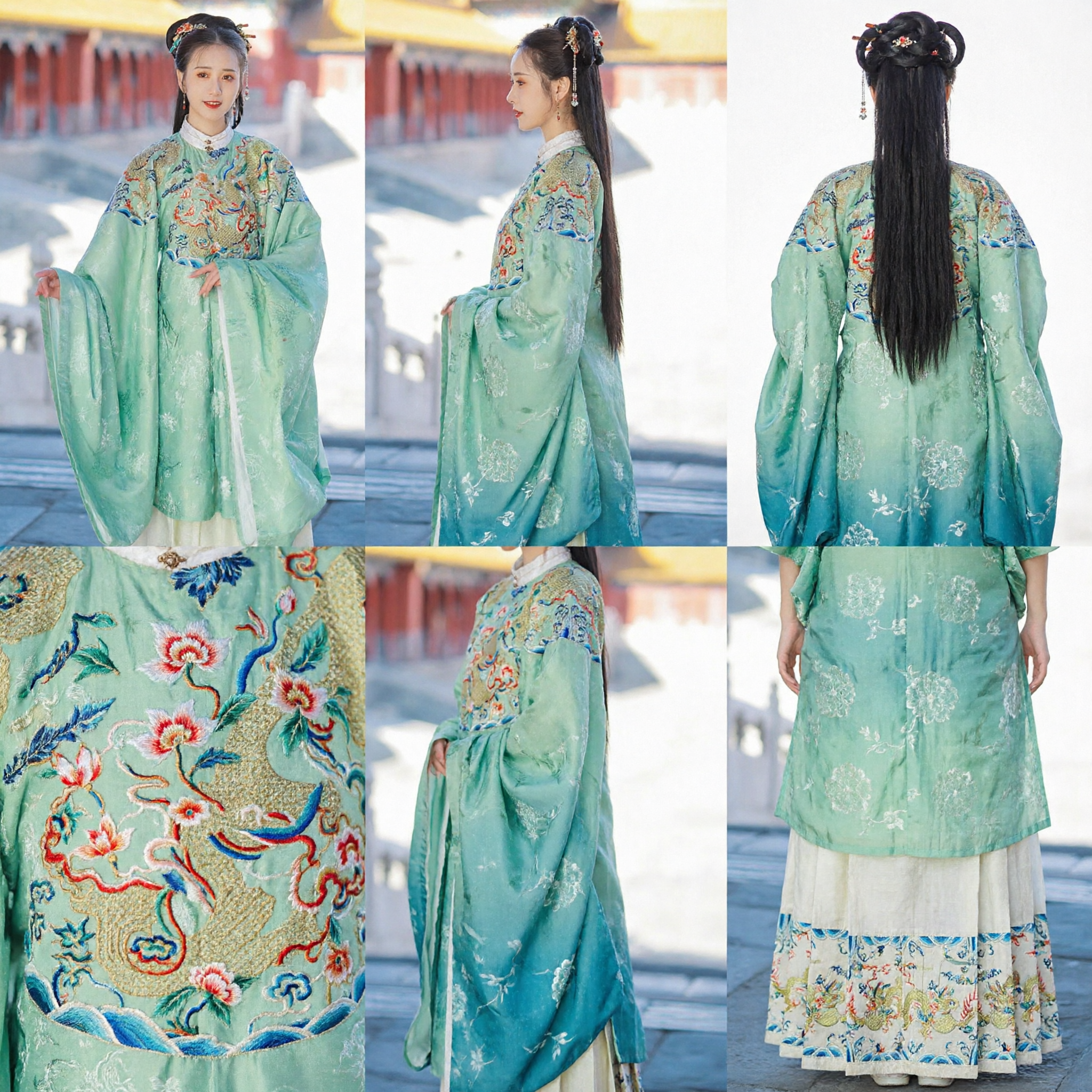 Costume Hanfu de la Dynastie Ming Chinoise Ancienne Ensemble Robe Pifeng et Jupe Verte Brodée de Dragon pour Femmes - Asian Costume