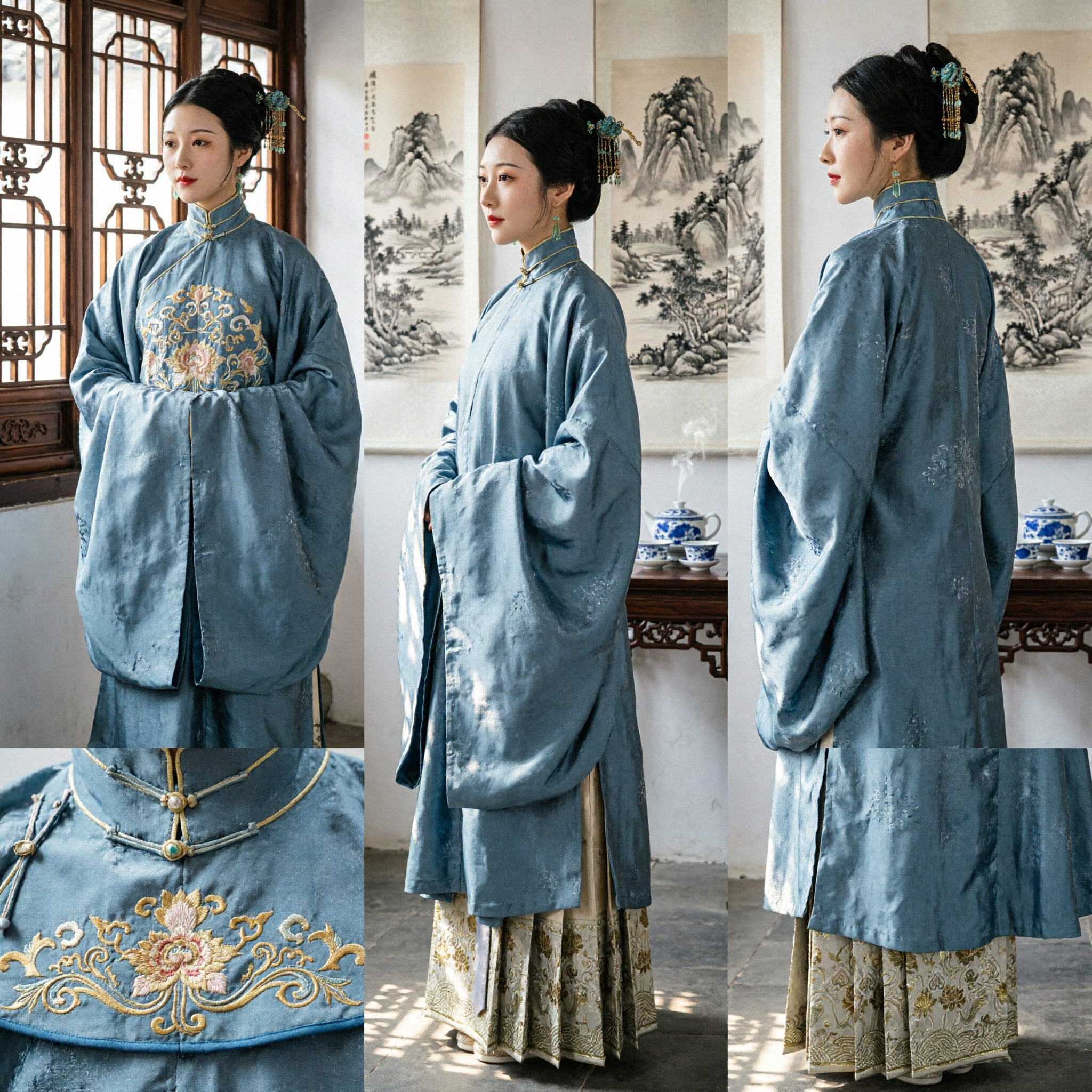Traje Tradicional Chinês Hanfu da Dinastia Ming Elegante Conjunto de Robe de Seda e Saia 'Horse Face' Azul para Mulheres - Asian Costume