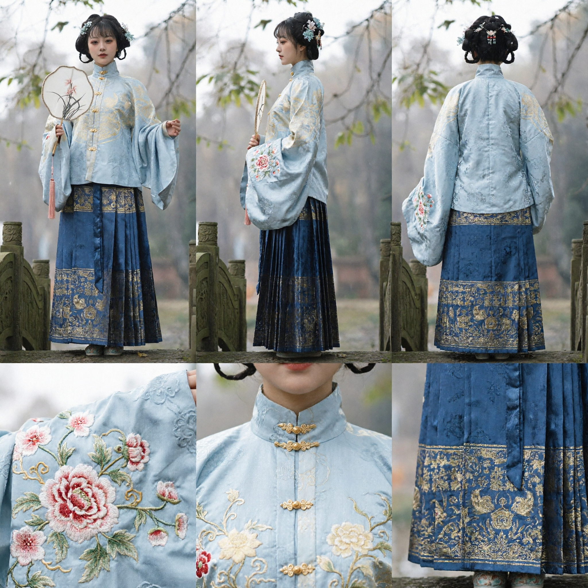 Ensemble Élégant Hanfu Traditionnel Chinois Style Dynastie Ming Haut et Jupe Brodés Bleus pour Femmes - Asian Costume