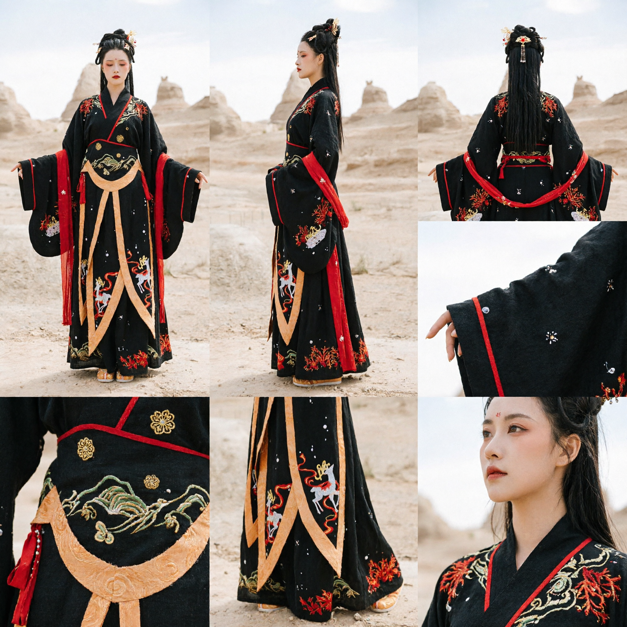 Antikes chinesisches Han-Dynastie schwarzes Hanfu-Kleid mit Phönix-Stickerei, traditionelles Kostüm für Frauen für Bühnenauftritte - Asian Costume