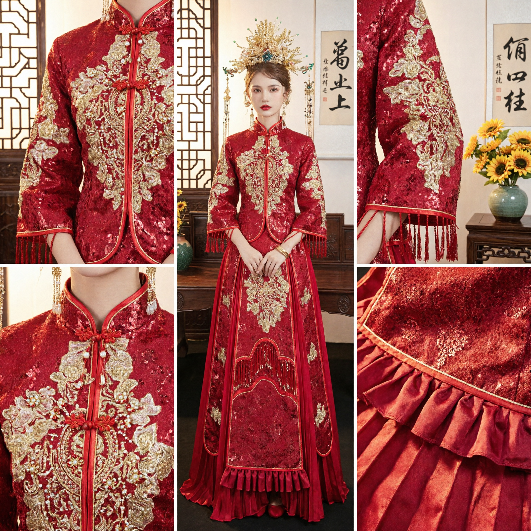 Traditional Chinese Wedding Dress for Bride Red Xiuhefu Ancient Costume with Gold Embroidery and Phoenix Crown - Asian Costume