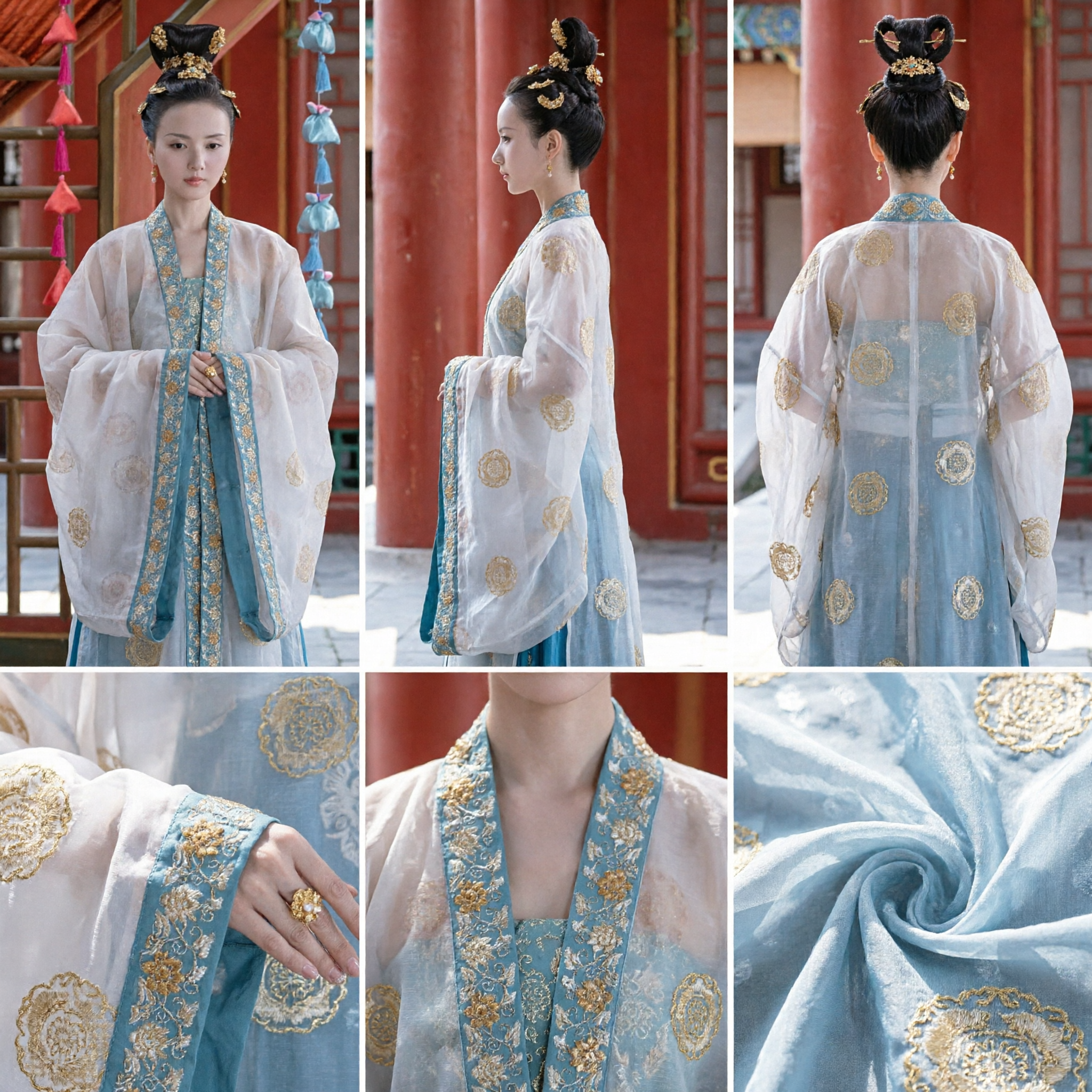 Traje Exquisito de Dama do Palácio Hanfu Chinês Antigo Vestido Bordado Branco e Azul para Mulheres Cosplay Histórico - Asian Costume